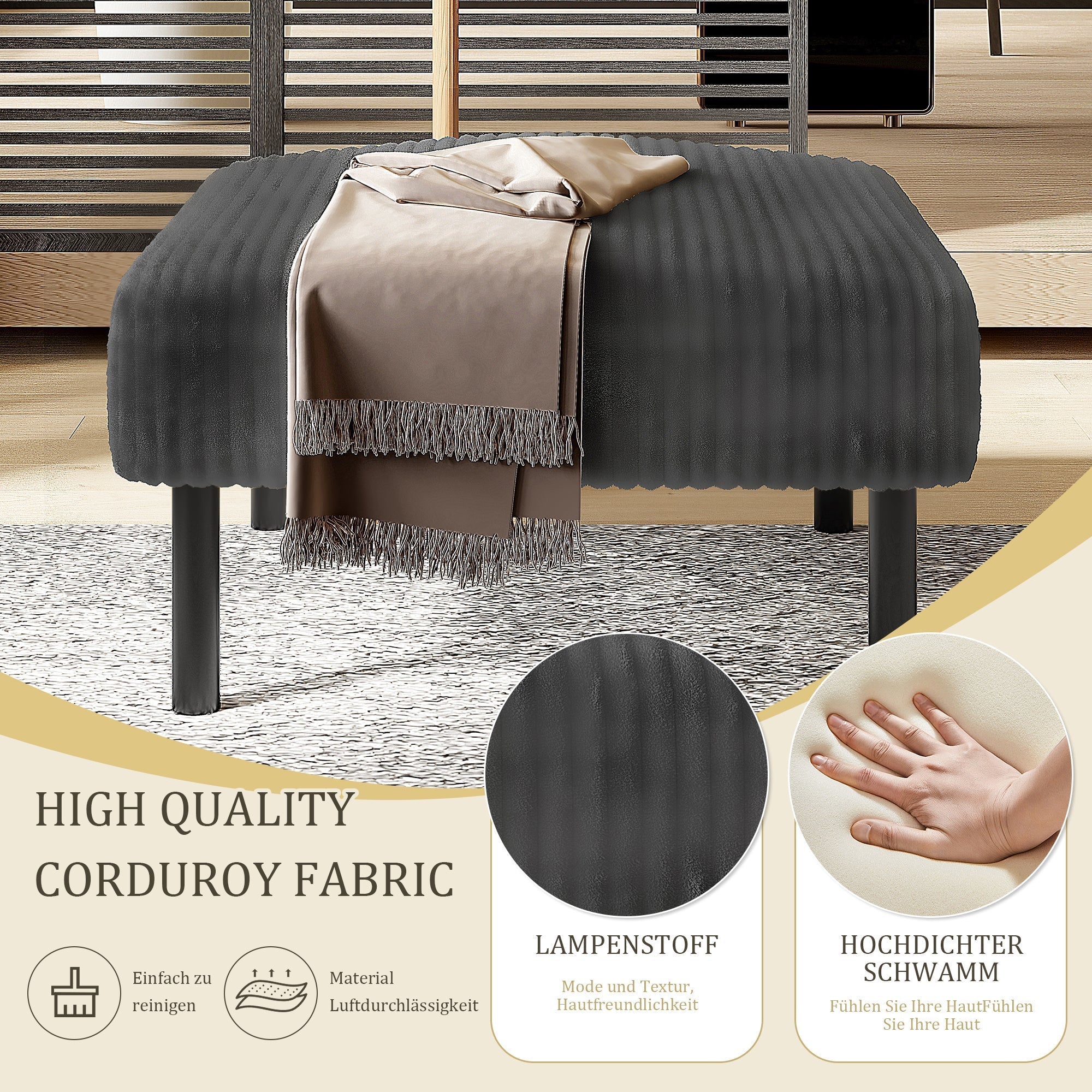 Premium corduroy stool super-soft velour metal frame