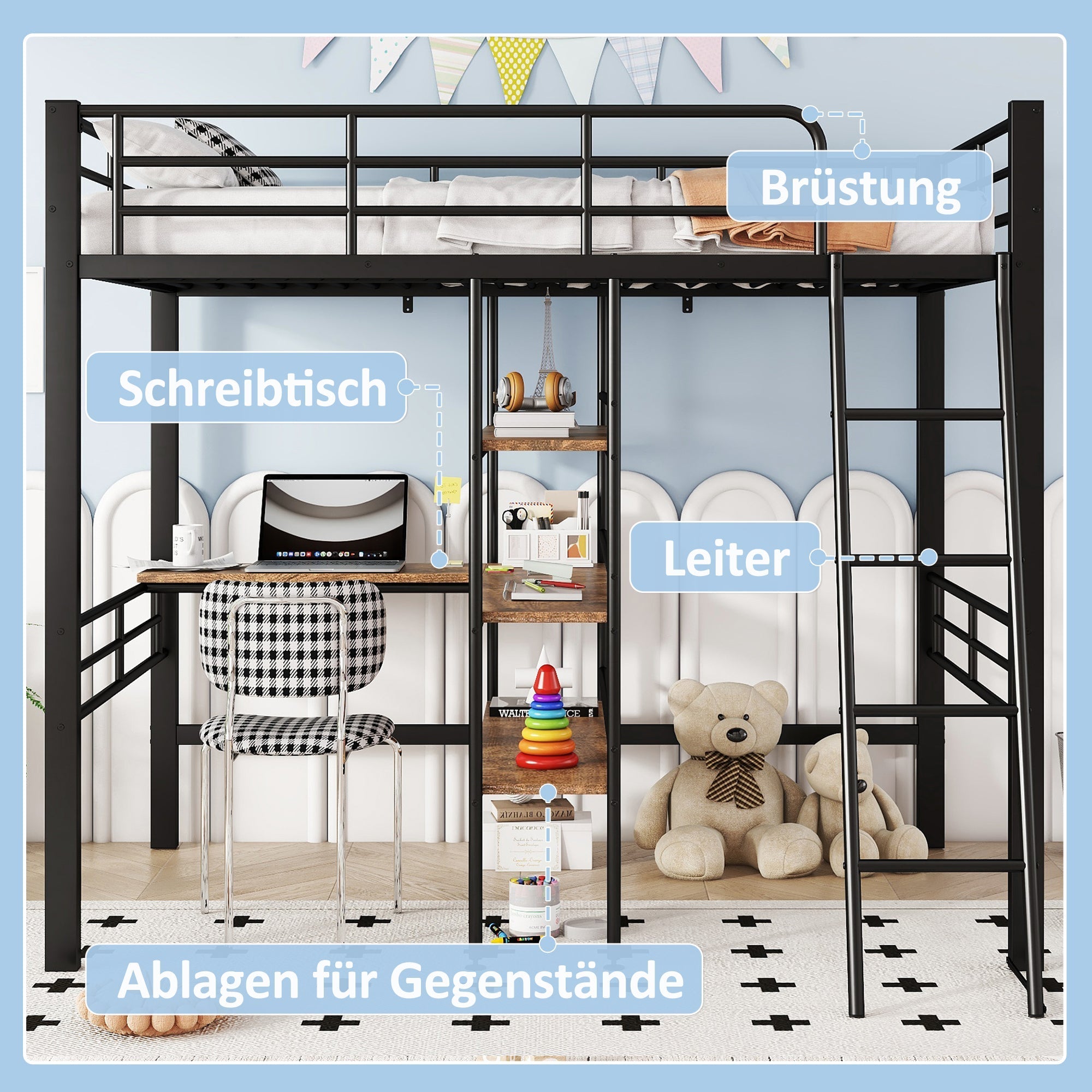 Loft Bed 90x200cm Iron Frame with Desk Multiple Shelves Black