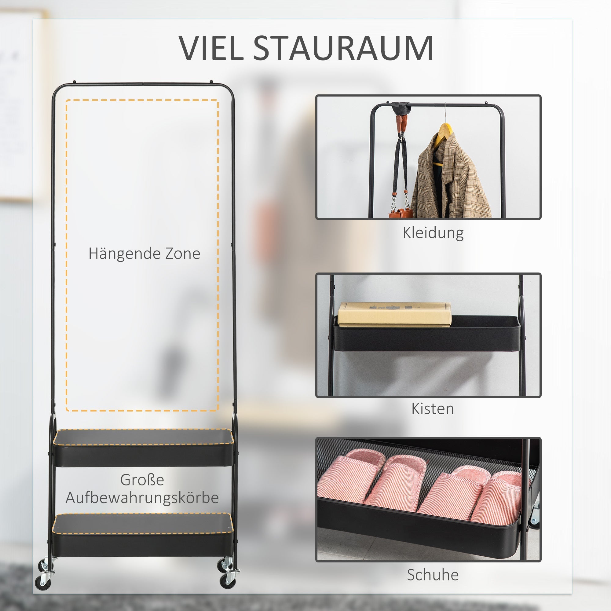 Kleiderständer, Rollen, Garderobenstange, Schuhregal, 16 kg Tragkraft, Schwarz
