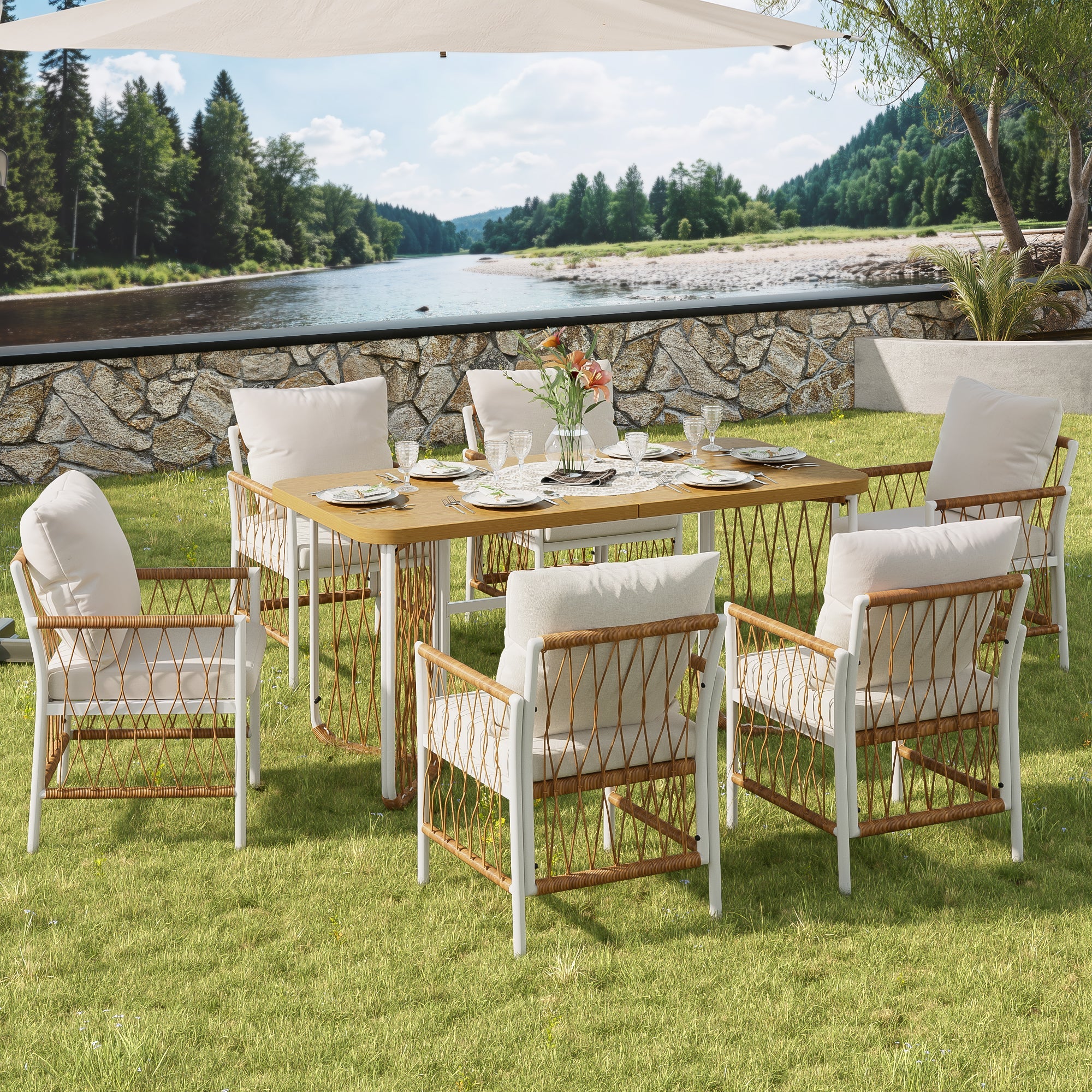 Modern Outdoor Leisure and Meeting Set with Woven Armrests and Cushions, Iron Frame