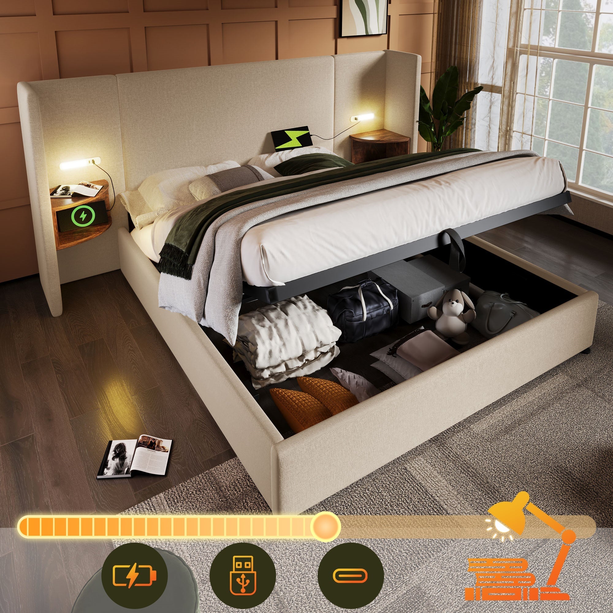 Upholstered Double Bed, 160x200, with Bedside Table, Reading Lamp & USB-C Charging, Beige Linen