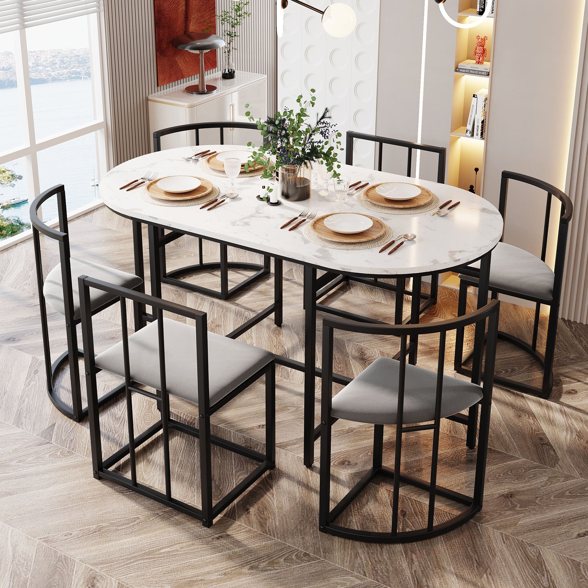 Dining Table Set, 6-Piece Round White MDF Table with 4 Dark Grey Velvet Chairs & Black Iron Frame