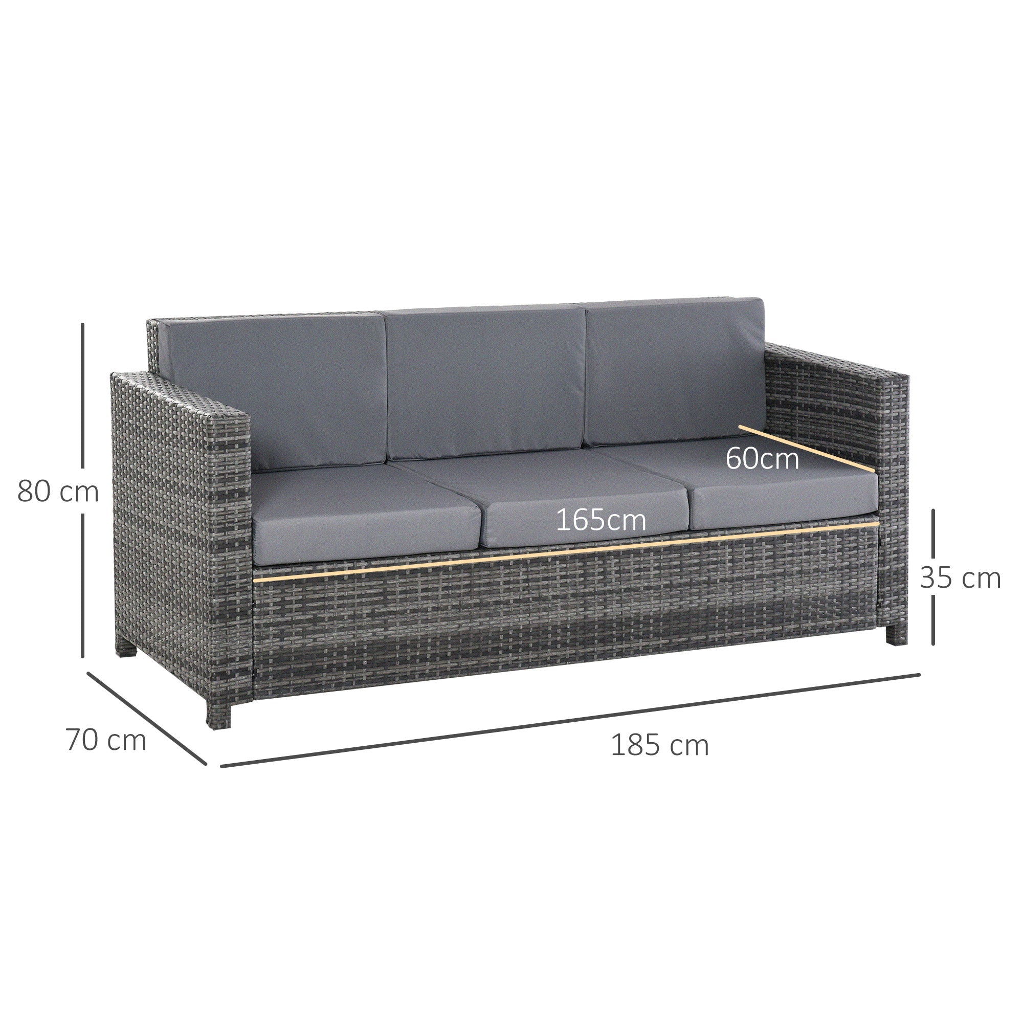 Poly Rattan Garden Lounge Sofa, 3-Seater with Cushions, Grey Metal & Polyester