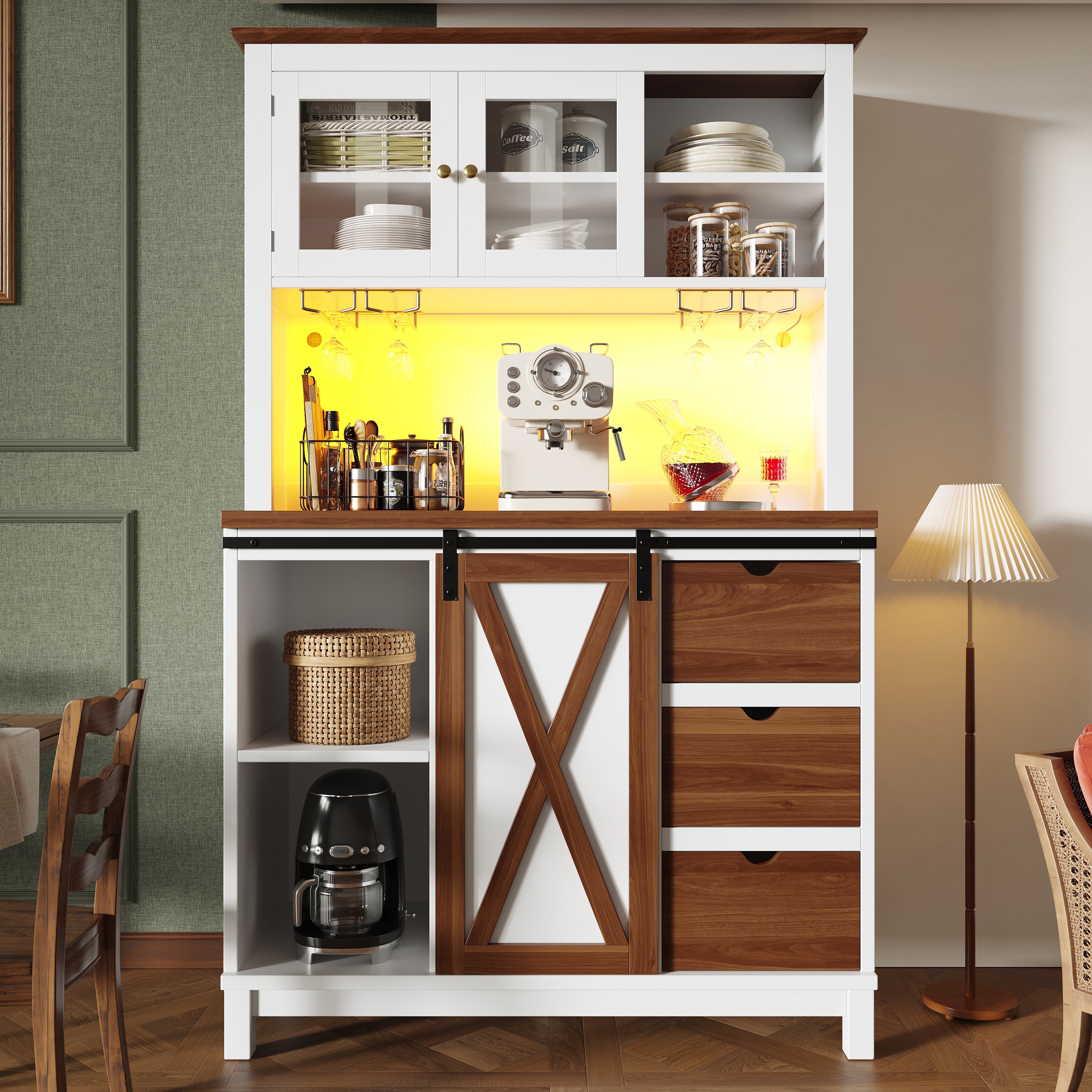 Modern Tall Cabinet with LED Lighting, App Control and Sliding Door, White