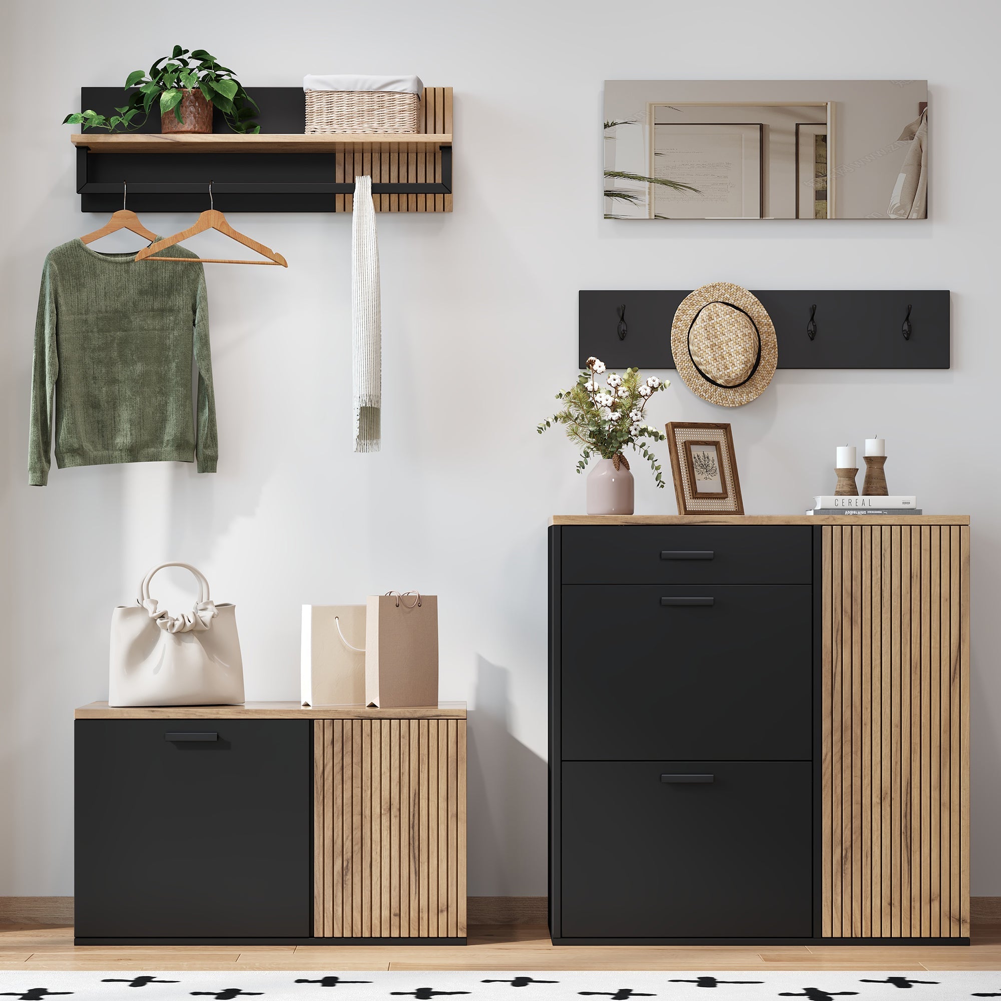 Wardrobe Set with Mirror, 2 Shoe Cabinets & Bench, Hallway Storage
