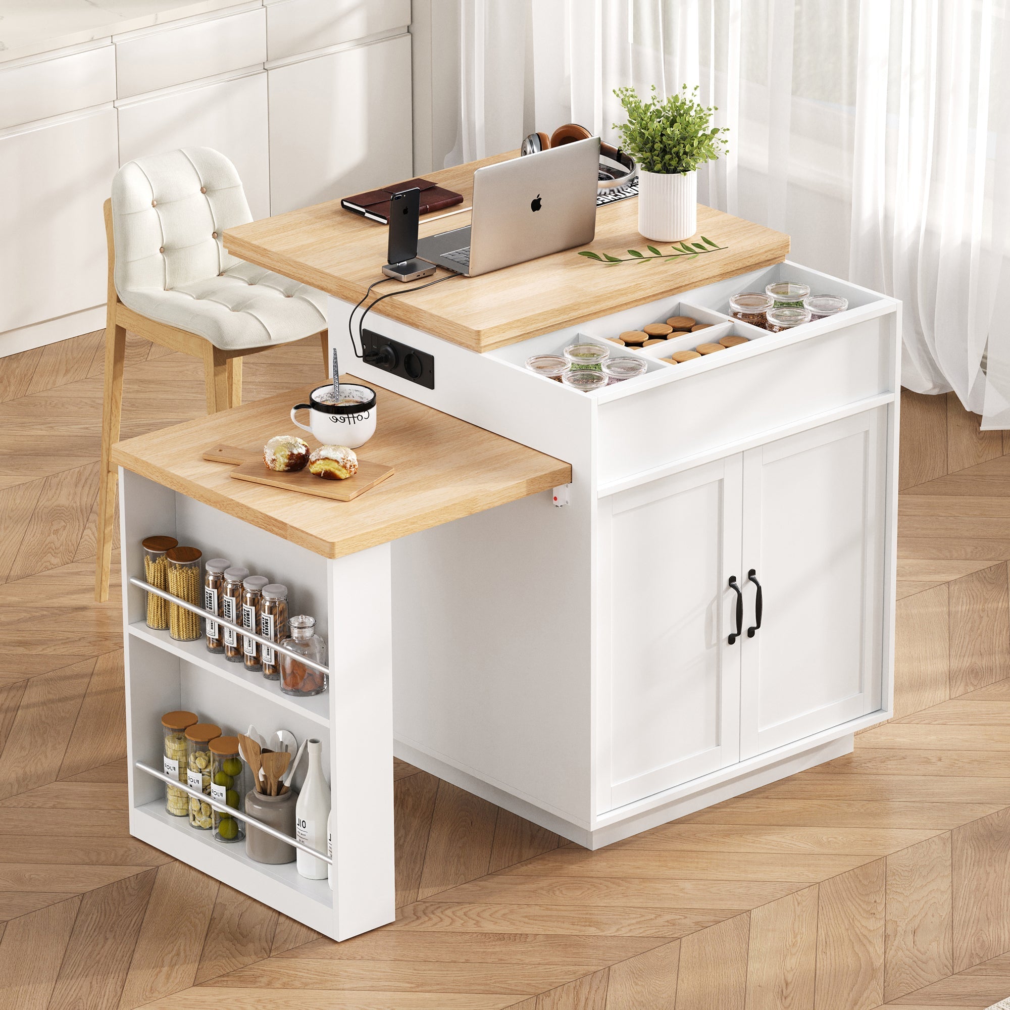 Mobile Kitchen Island Extendable Dining Table with LED & Power Strips - White