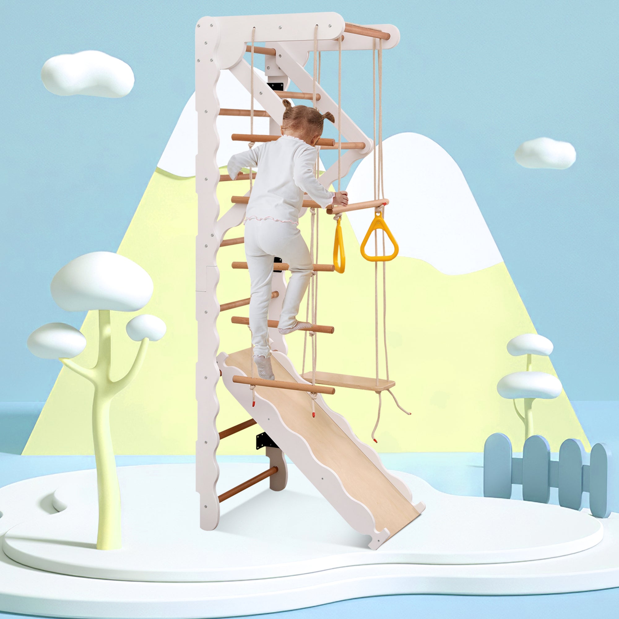 6-in-1 multifunctional climbing frame, wall bars, slide, swing, crawling ladder, pull-up area, rings, 50 kg, plywood, solid wood, beech