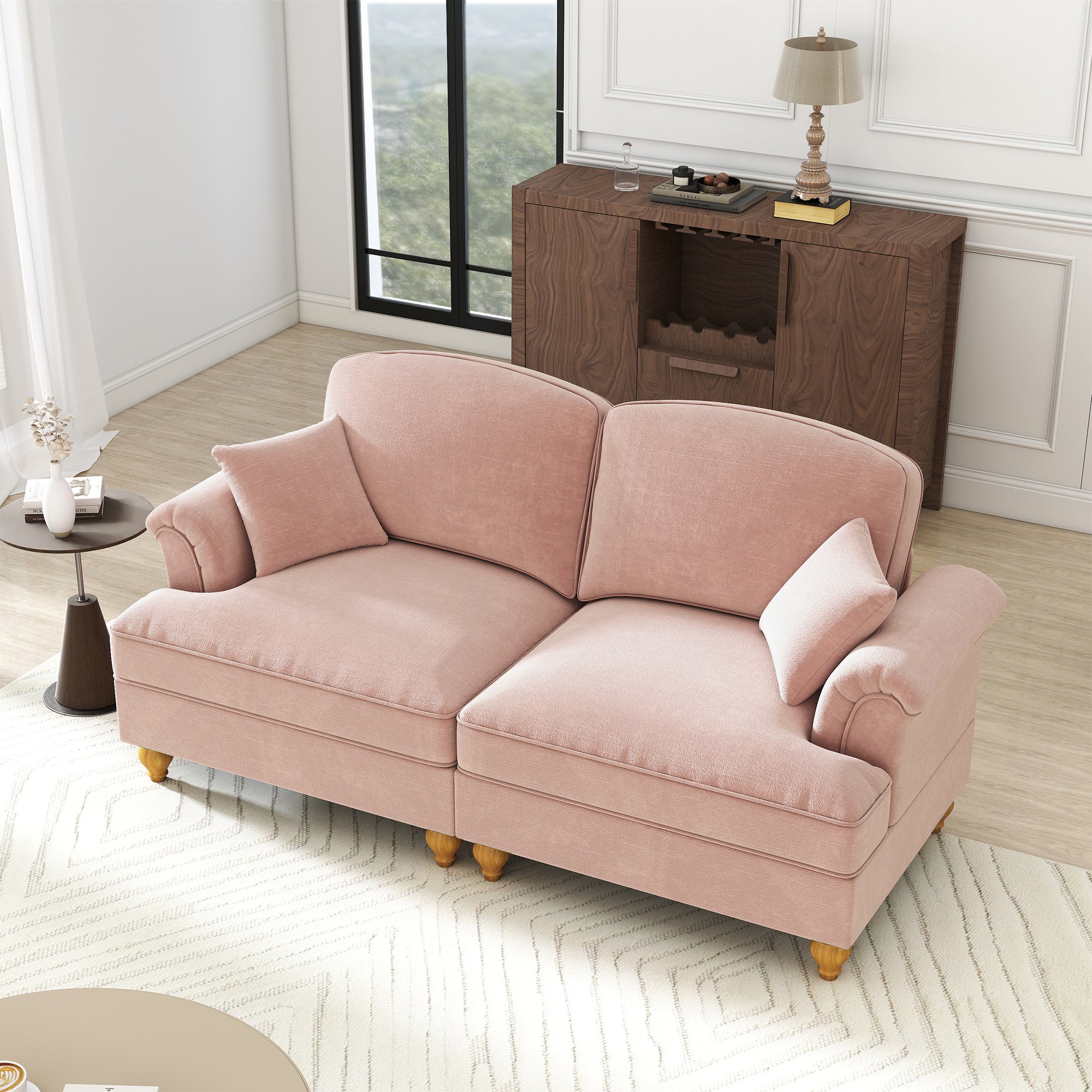 2-Seater Sofa Elegant Mid-Century Flared Armrests - Chenille Pink