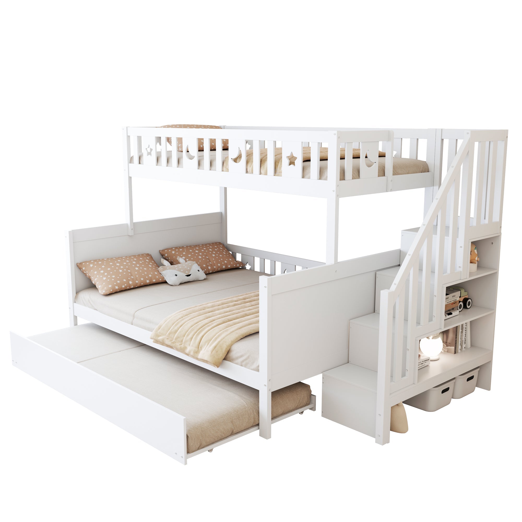 Children's Bunk Bed with Storage and Pull-out Bed, White