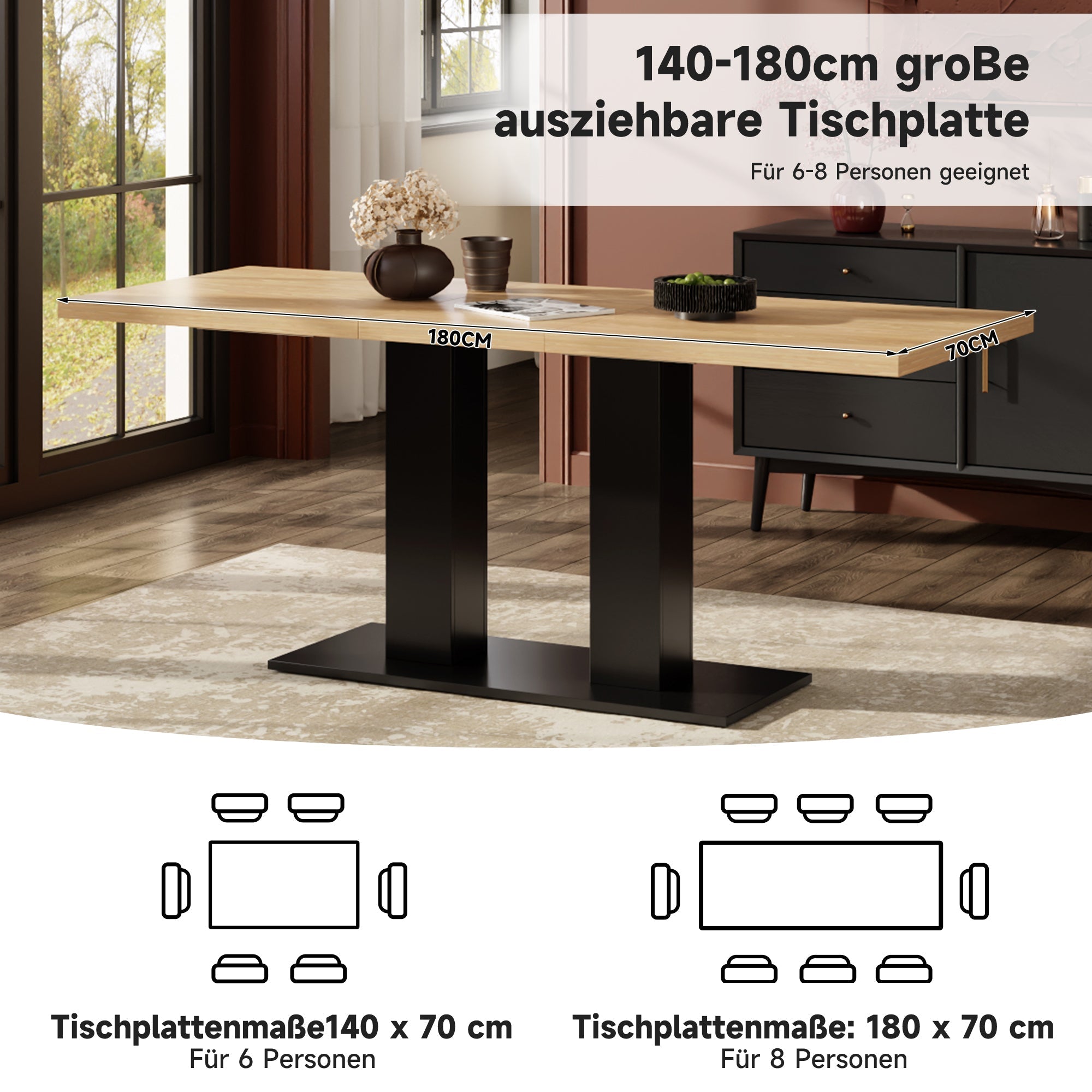 Extendable Dining Table, 140/180x70cm for 6-8 People, Natural Wood Color