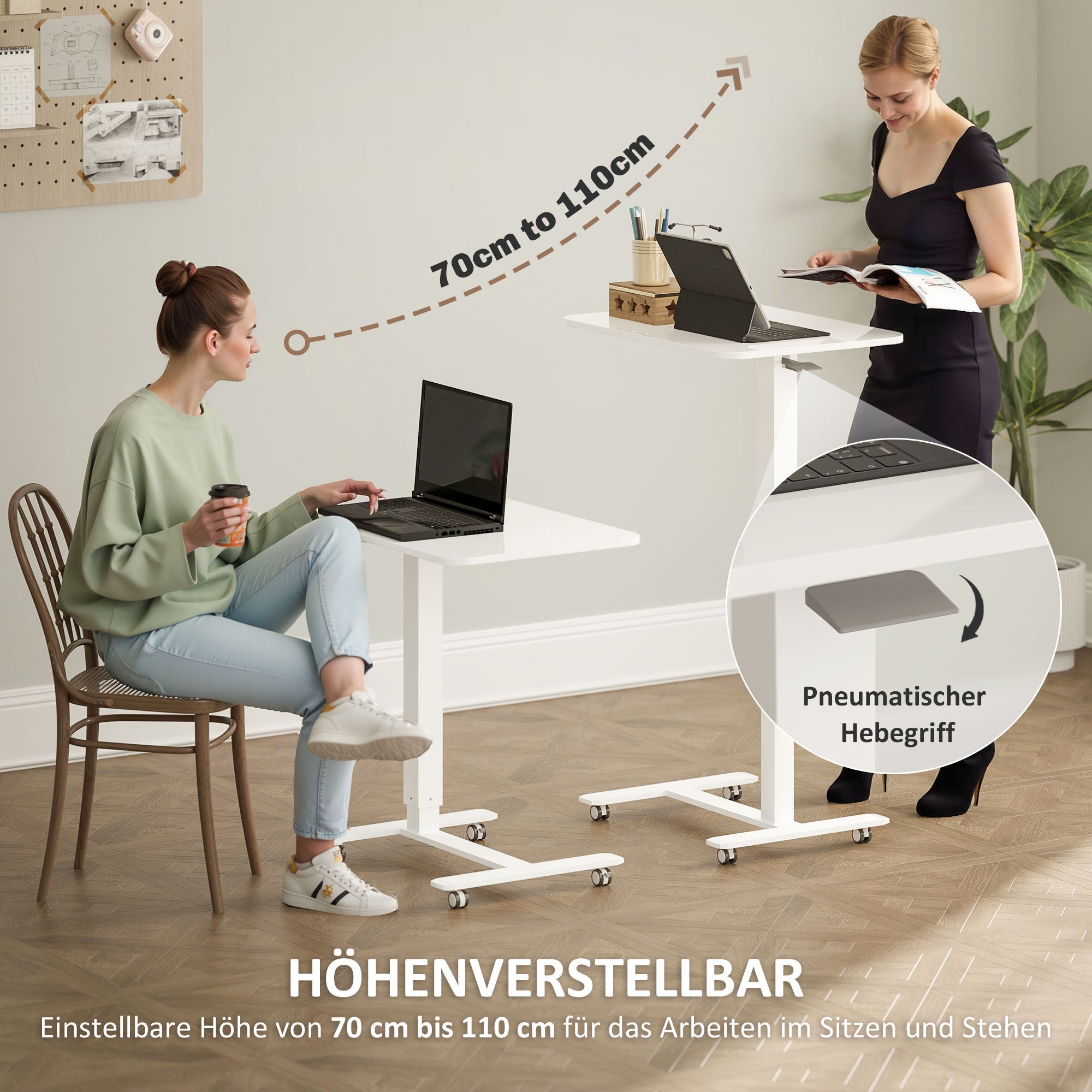 Aosom C-Shaped Sit-Stand Desk, Height-Adjustable with Wheels, White