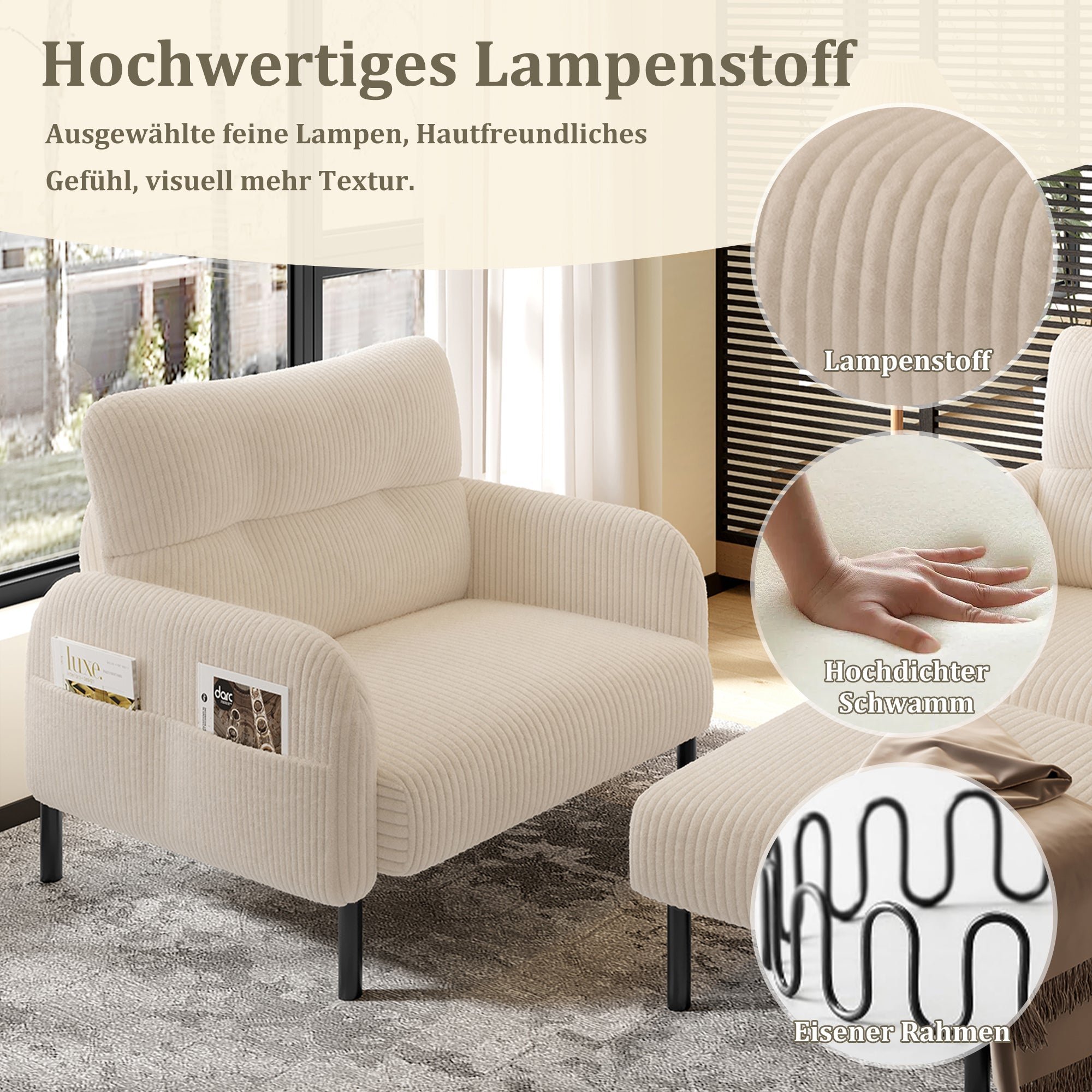 Cord 3-Piece Set Armchair Footstool 2-Seater Sofa Modular Deep Seat, Beige