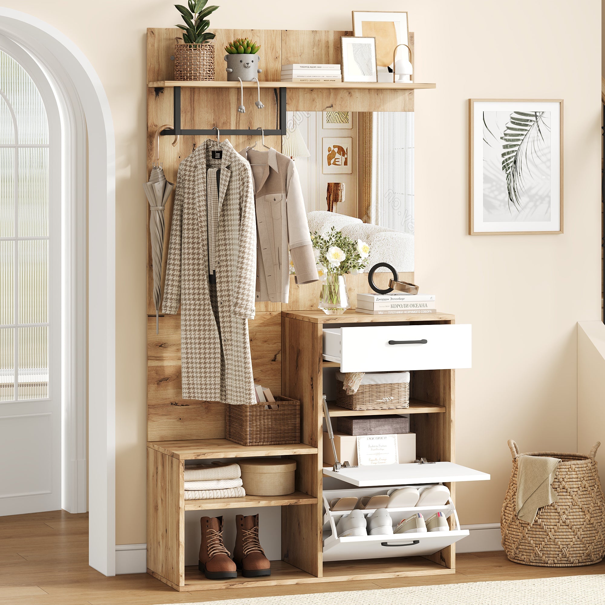 Wardrobe Set, Mirror, Shoe Bench, 1 Drawer, 2 Cabinets, White Wood