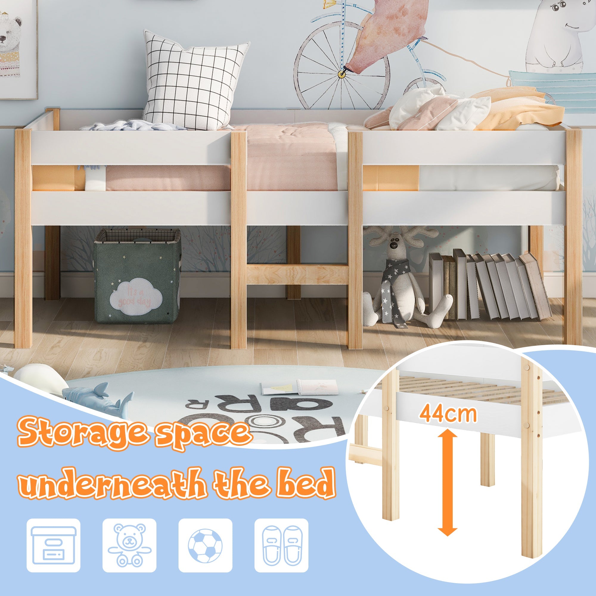 Children's bed with fall protection, 90x190 cm, solid pine wood, white & oak