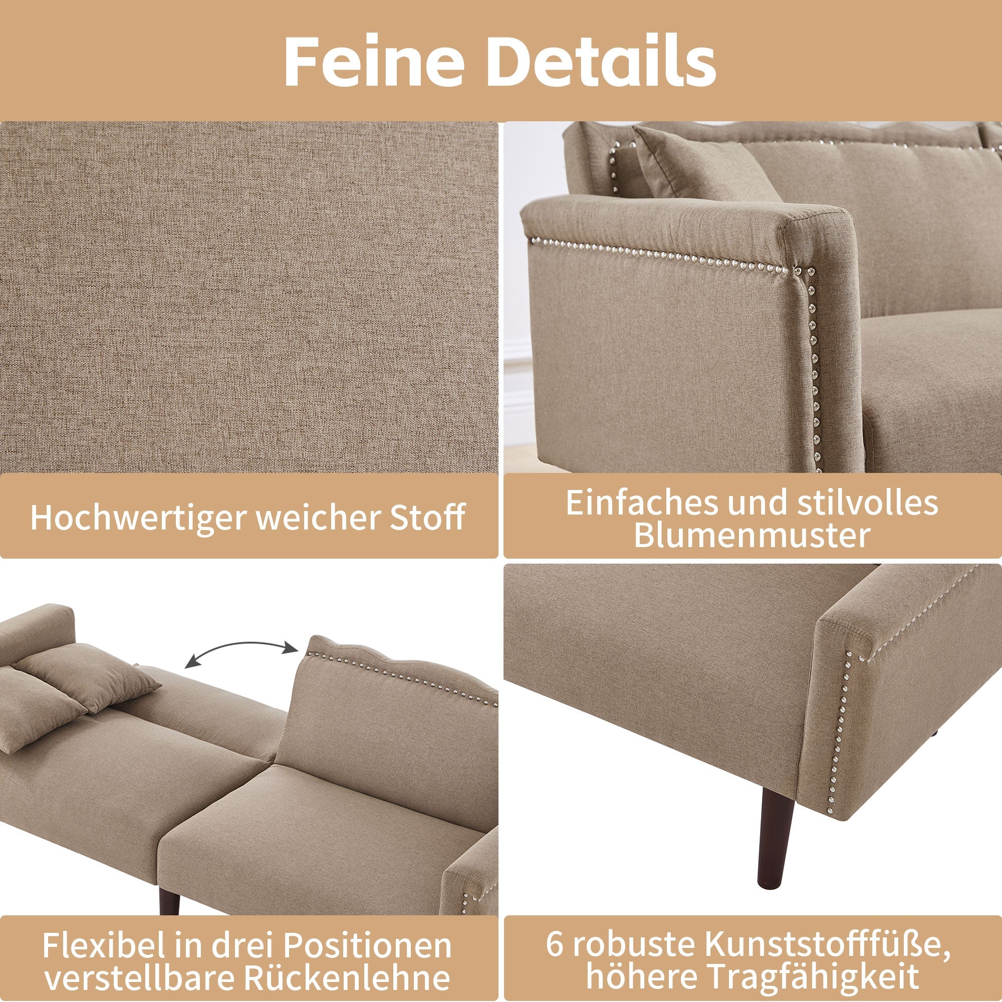 2-in-1 Multifunctional Sofa Bed, Two-Seater Reclining with Adjustable Backrests, High-Density Foam, Cotton Linen