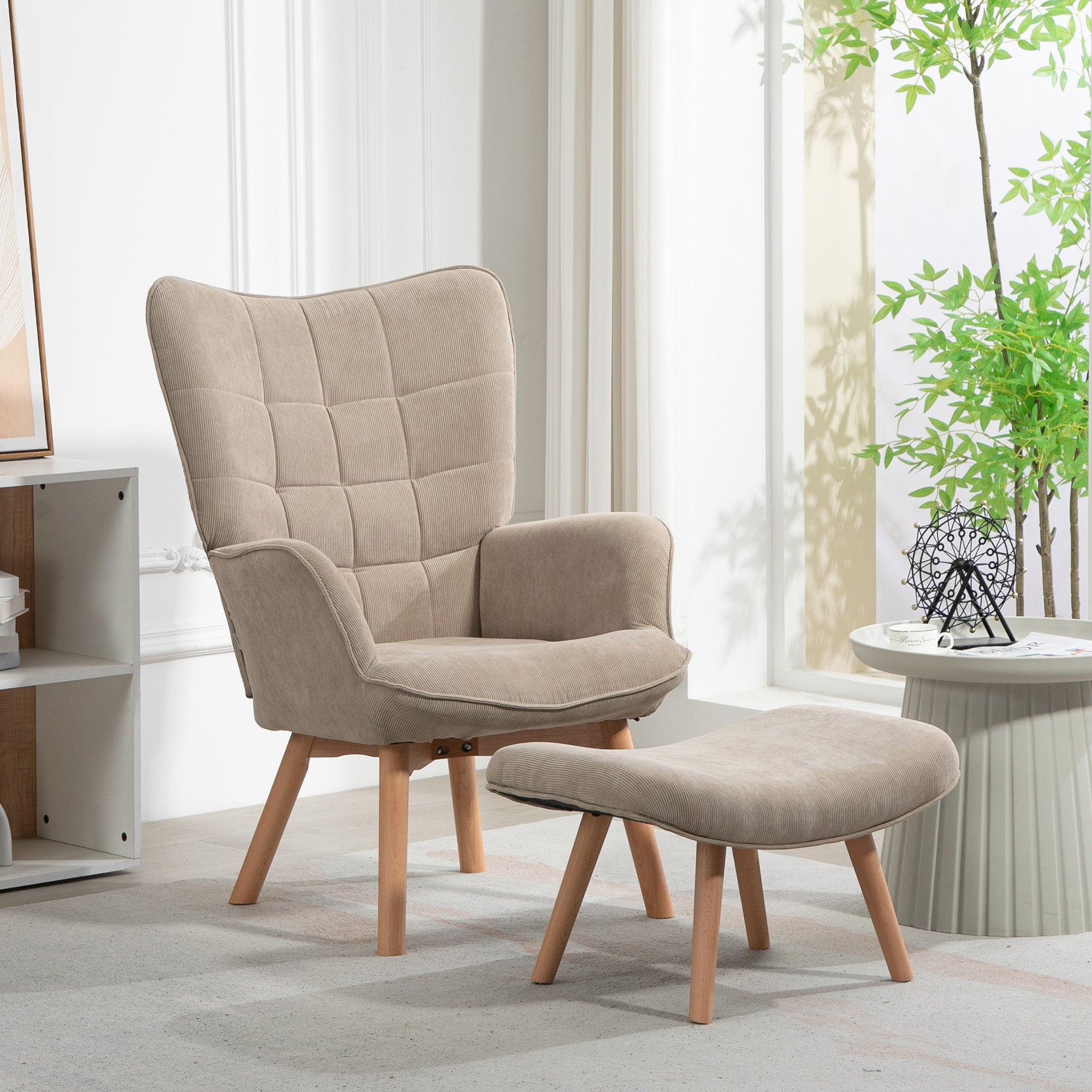 Ohrensessel mit Fußhocker, Polsterstuhl Beige Cord