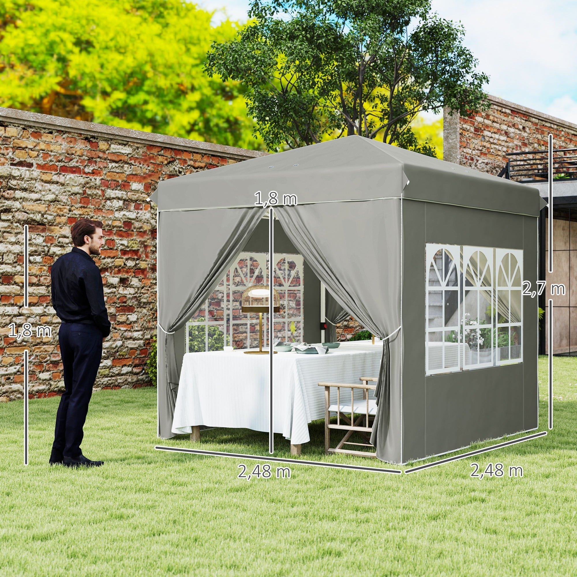 Pavilion 2.5x2.5m Pop-up Folding, Water-Repellent, UV 50+, 4 Side Panels, Light Grey