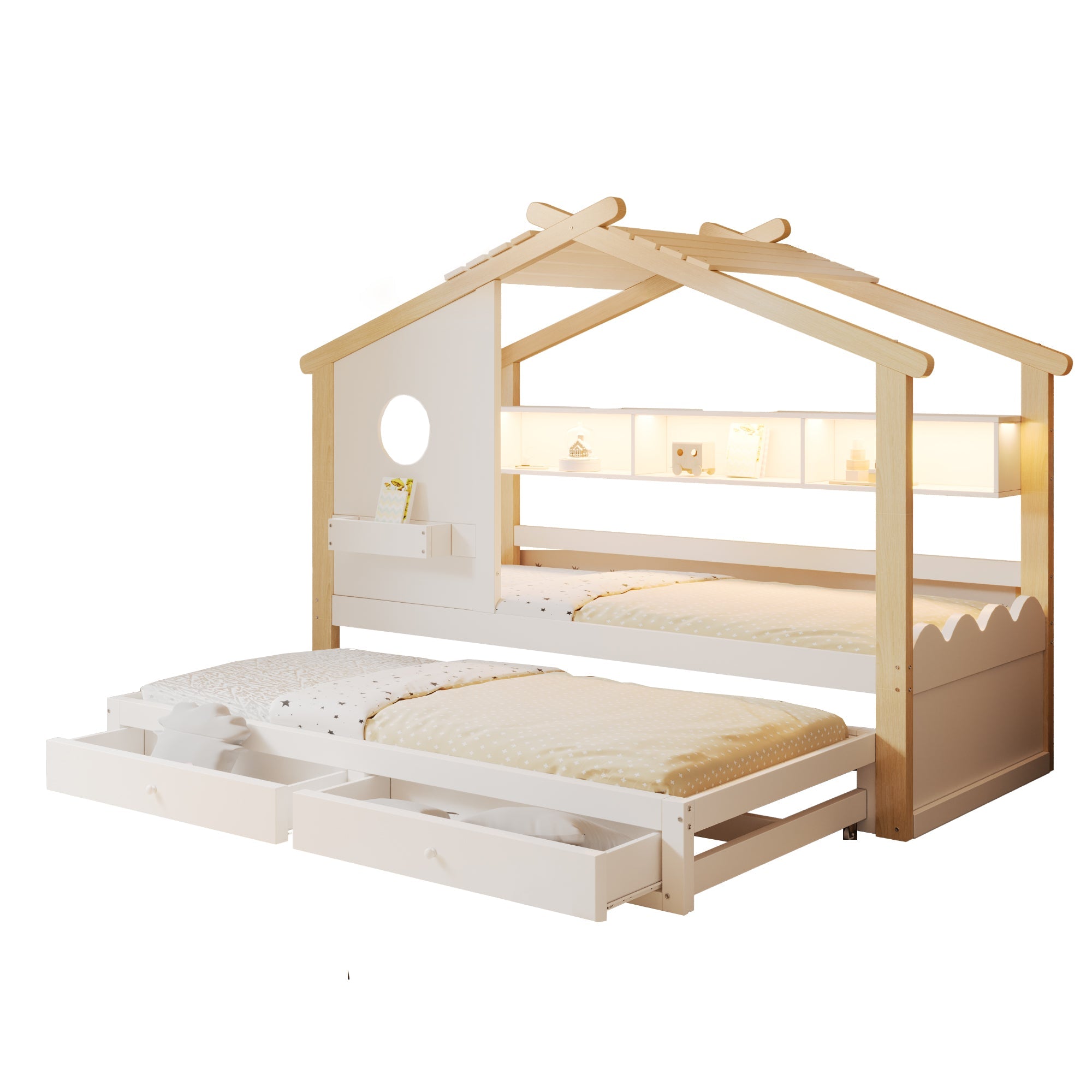 House-Shaped Children's Bed with Pull-out Bed, Drawers, USB, LED and Shelves, 90x200cm, White and Raw Wood