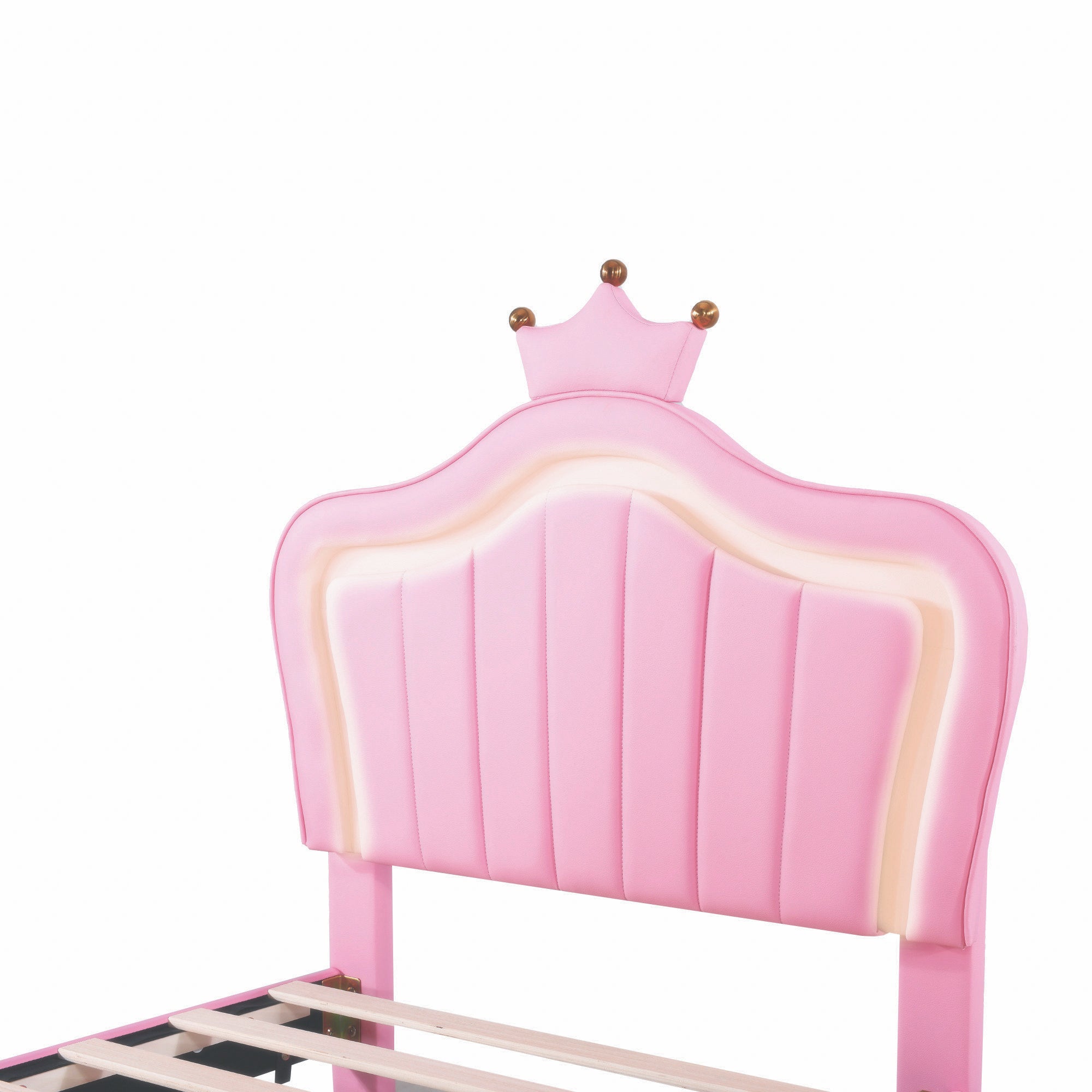 Children's Bed, Upholstered with Storage Drawers & LED Lights, Pink PU Leather