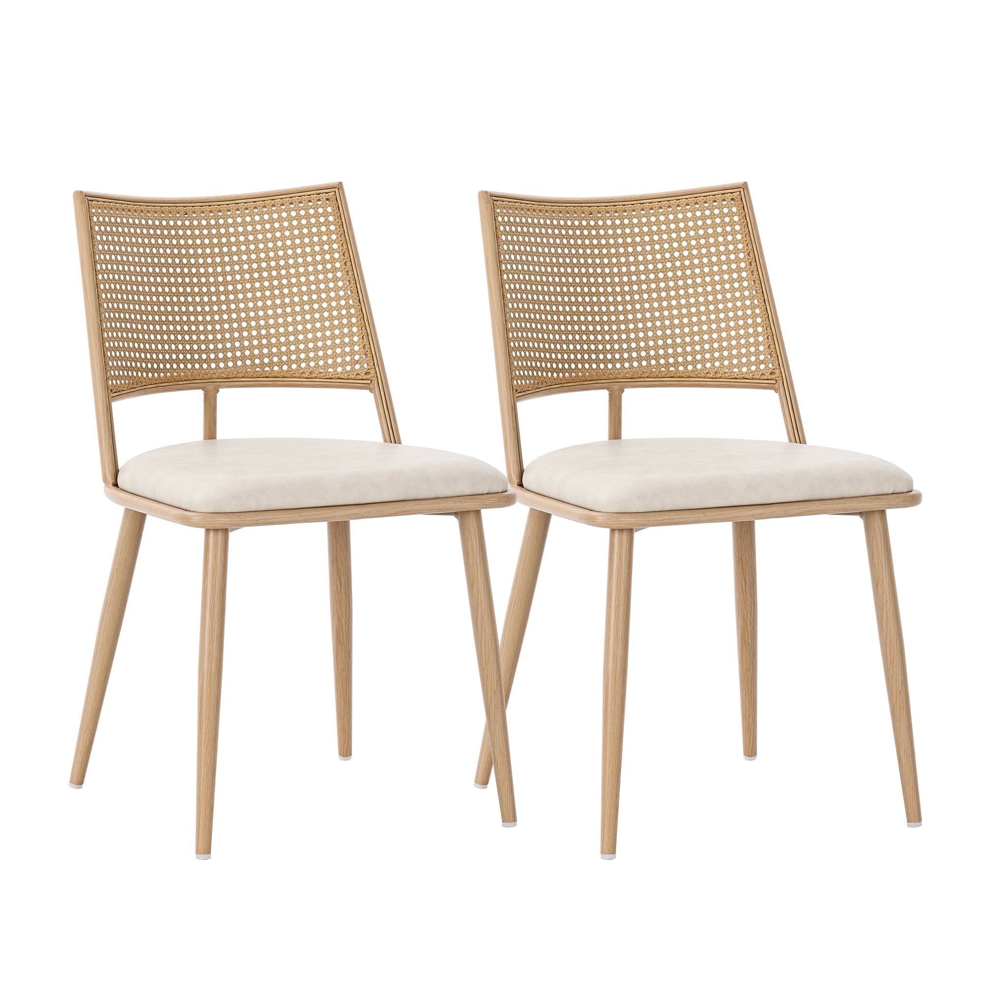Set of 2 Chairs with PU Seat and Rattan Backrest, Beige