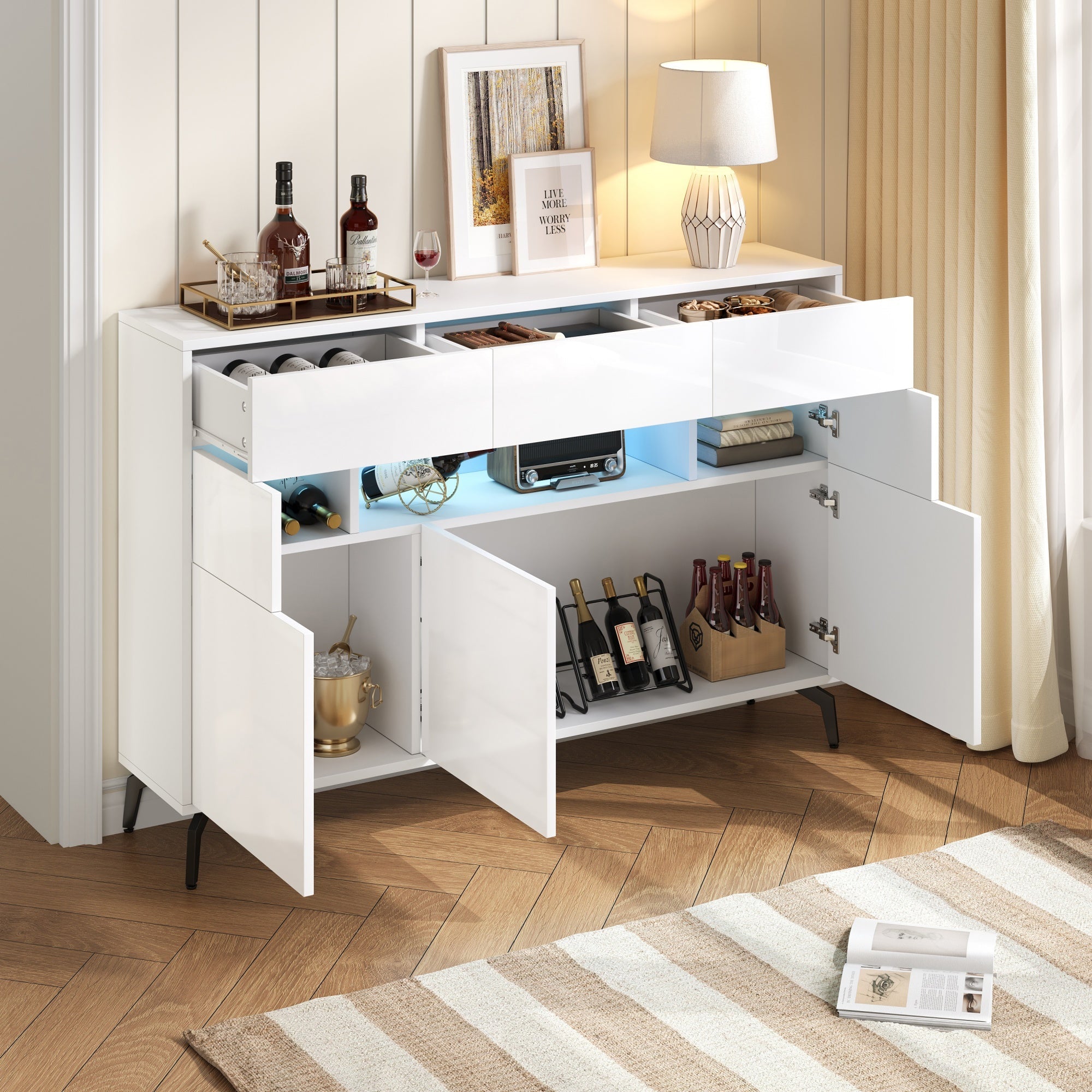 Living Room Sideboard, High-Gloss Storage with LED Light, White MDF