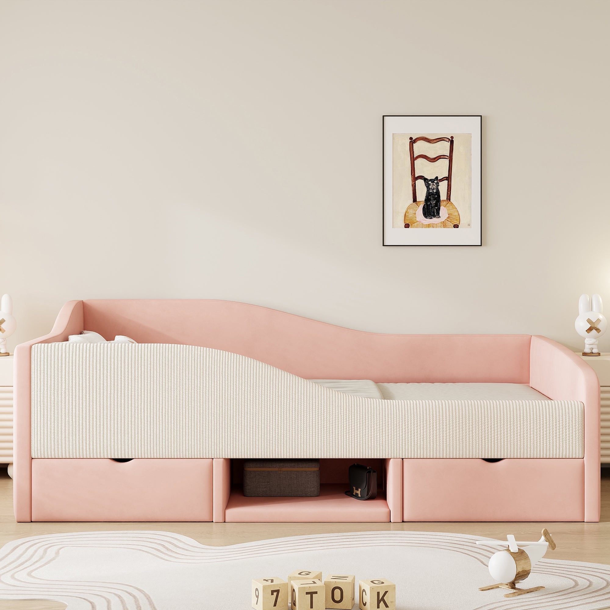 Upholstered Sofa Bed 90x190cm Multifunctional with Two Drawers and Railings Pink/Cream Velvet