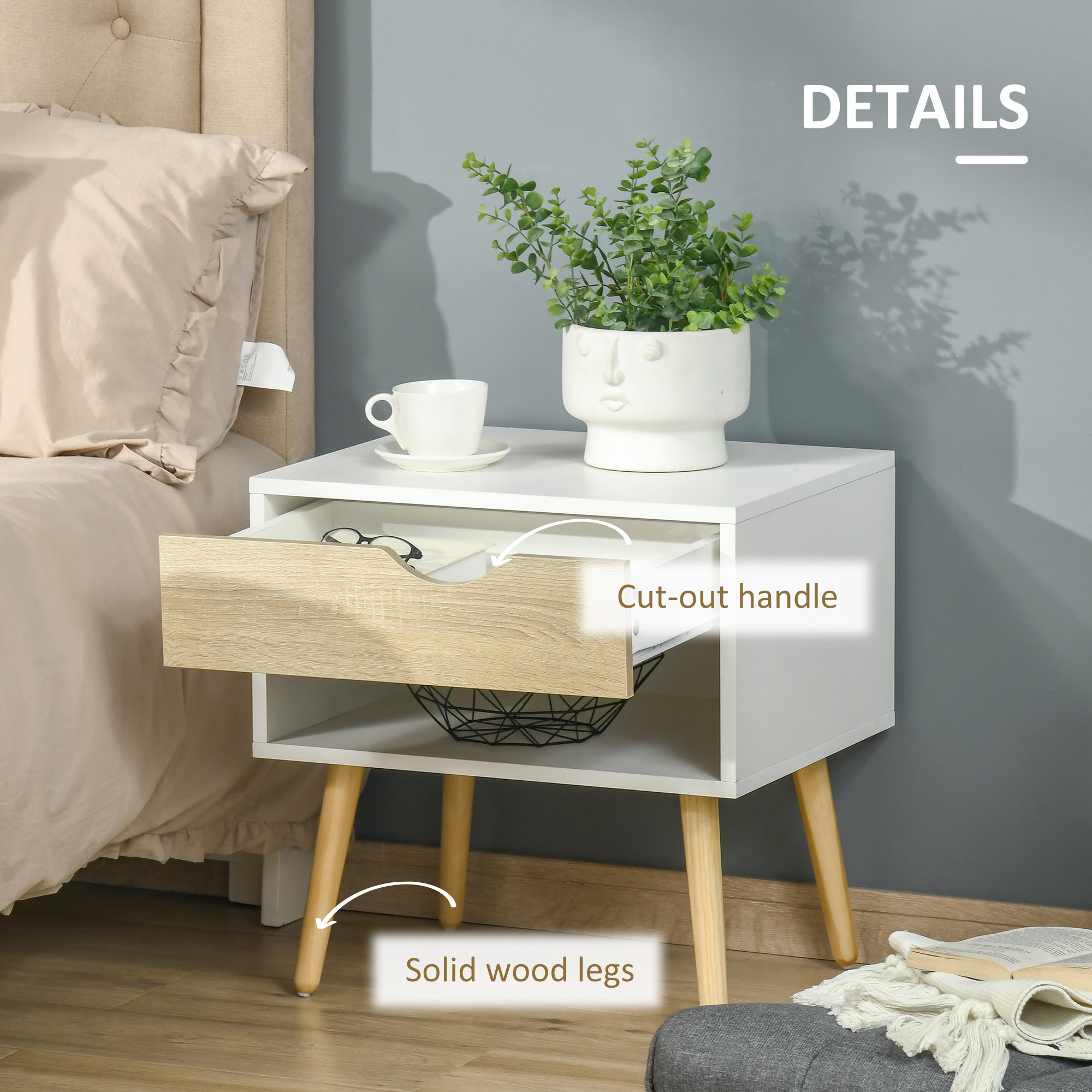 Set of 2 Bedside Tables with Drawer and Shelf, Wood/Particle Board