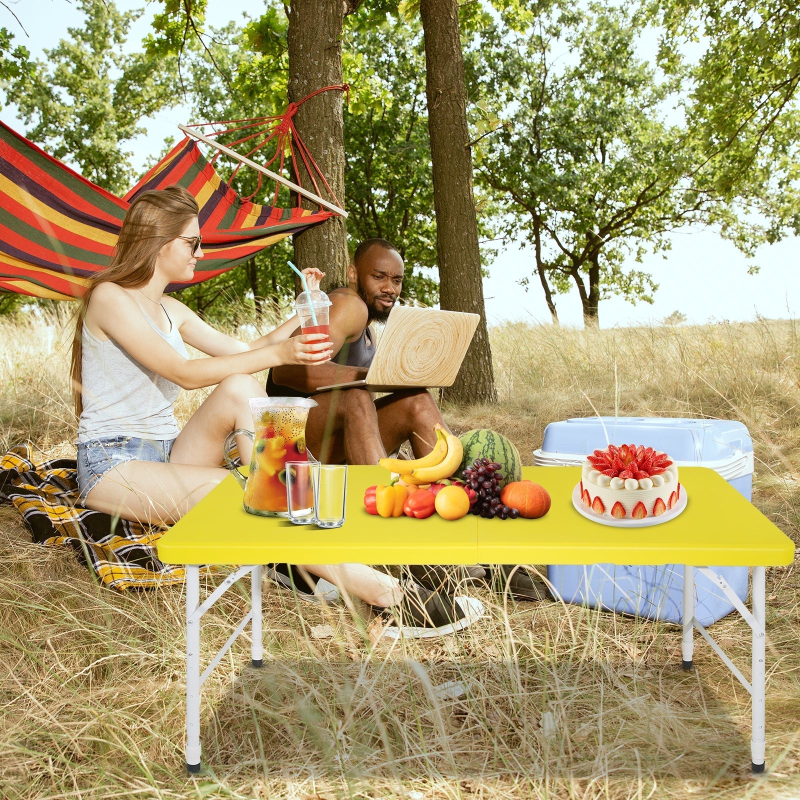 Portable Heavy Duty Folding Table with Handle, Adjustable Height Multi-Functional Table, Yellow