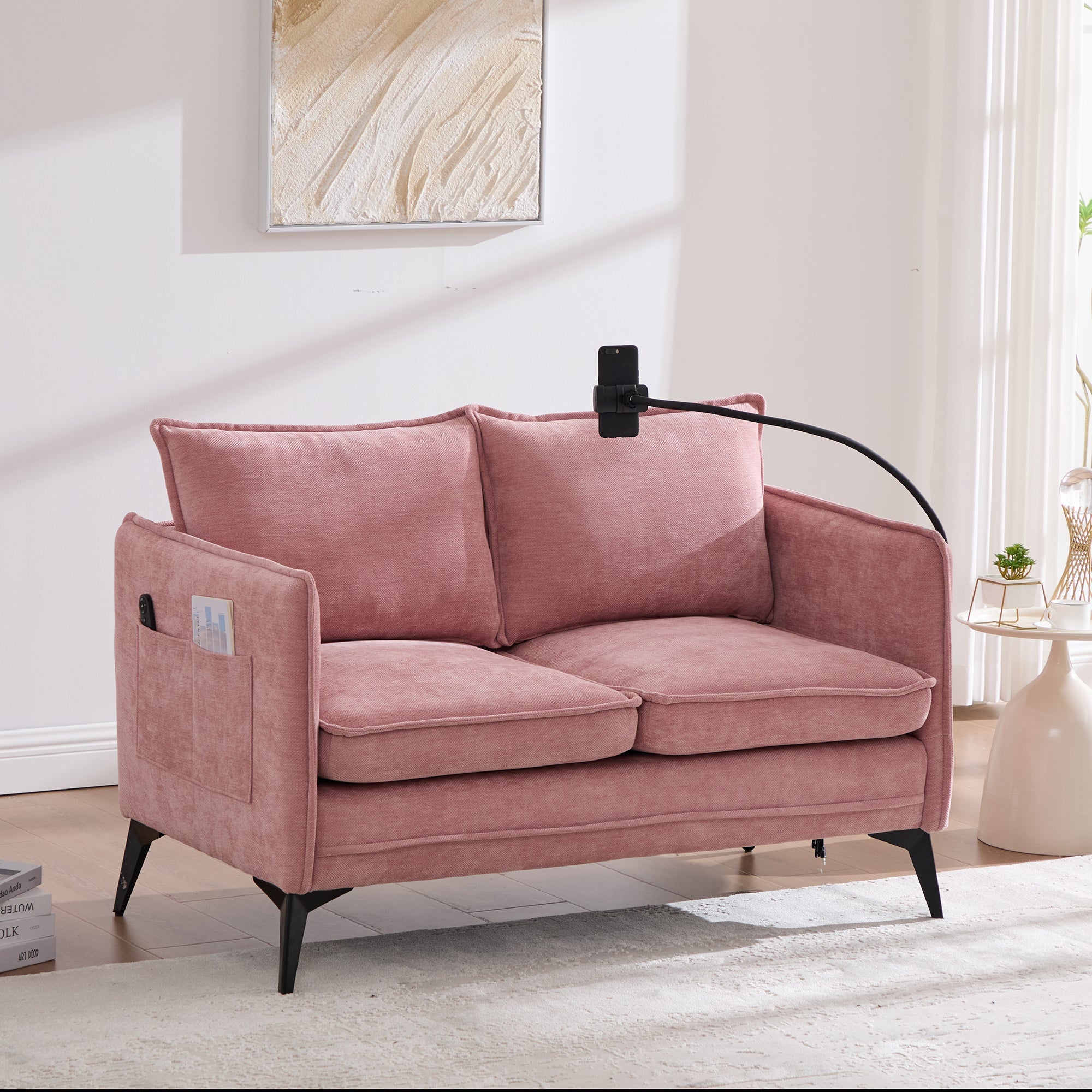 Modern Double Sofa with Storage & Adjustable Phone Holder, Fabric