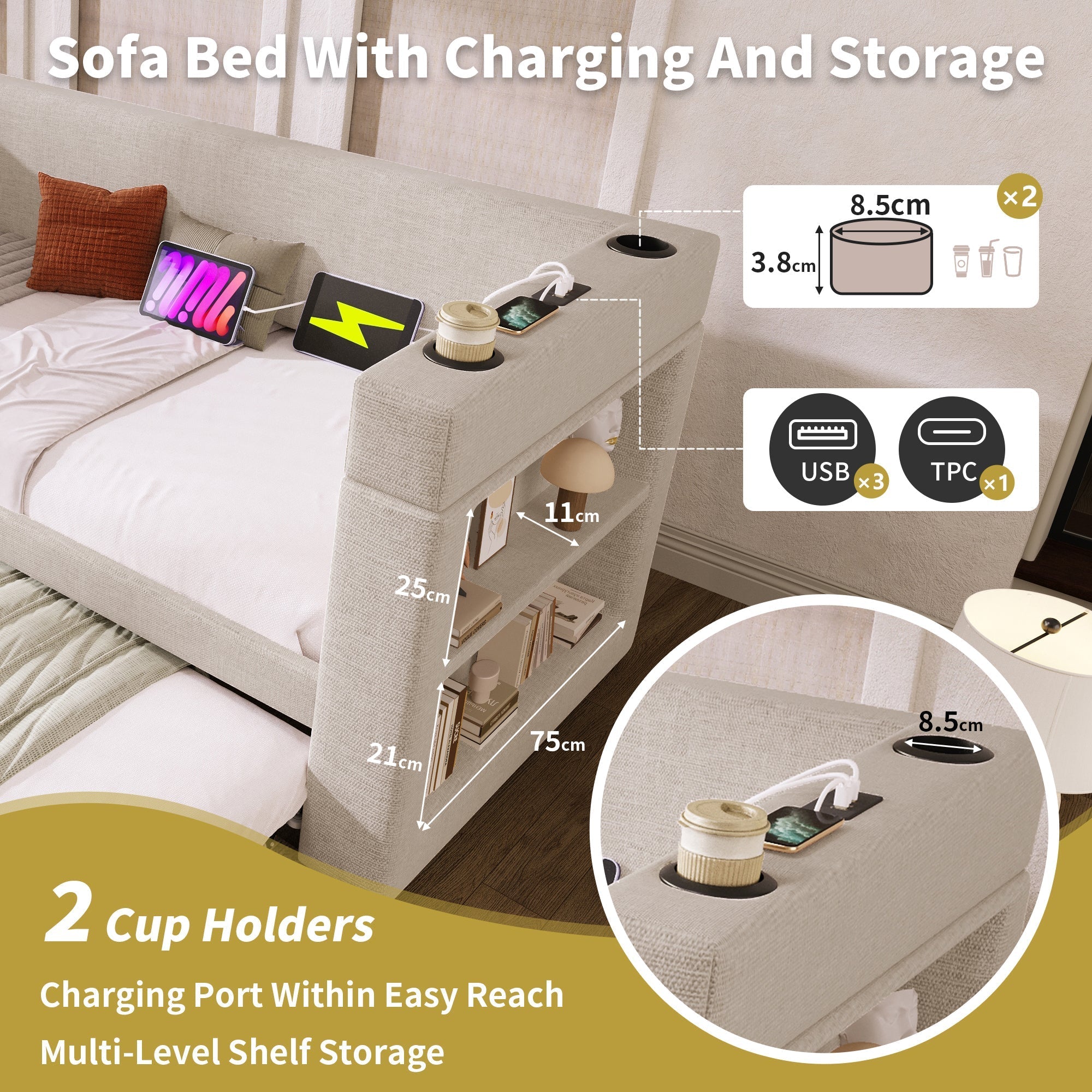 Daybed Upholstered Bed 3FT Single Sofa Bed with Trundle, USB/Type C Charging Station, Linen Beige