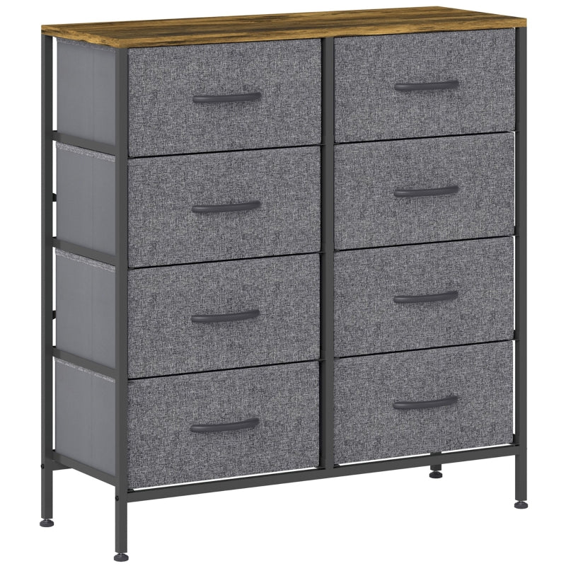 Fabric Chest of Drawers, 8 Drawers Industrial Dresser with Steel Frame Wooden Top, Rustic Brown and Grey