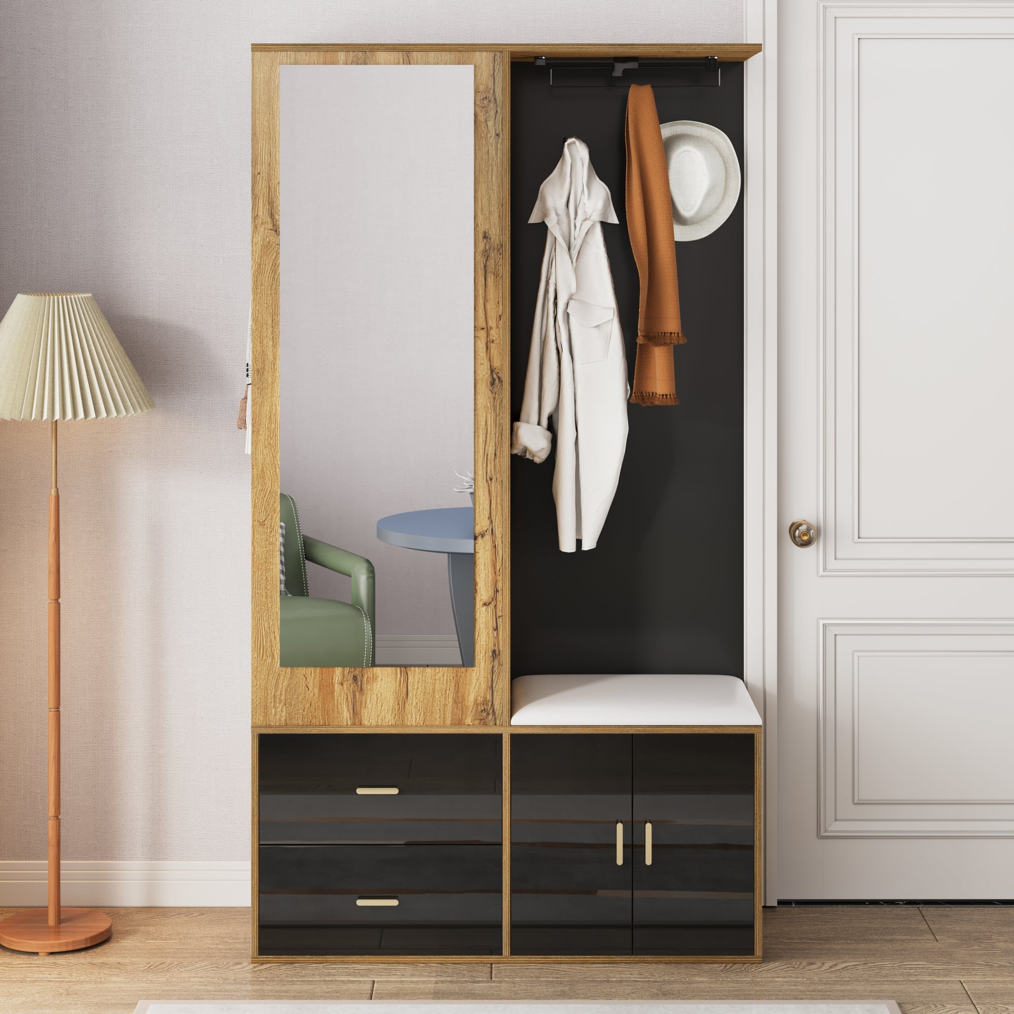 Wardrobe Set with Mirror, Shoe Cabinet & Bench, Black and Wood