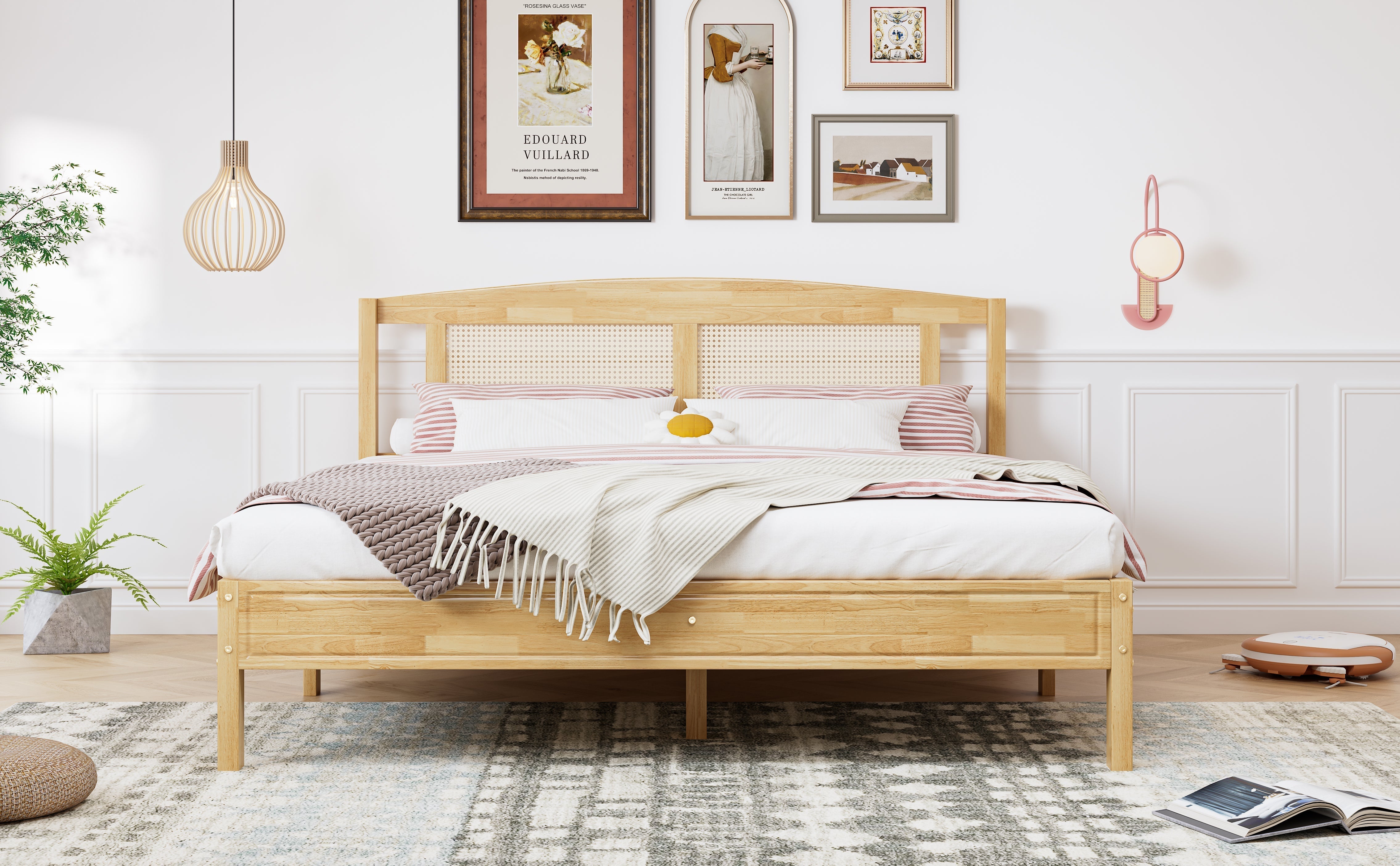 Double Rattan Bed 160x200cm, 15 Slats Pine + PE Rattan, Natural