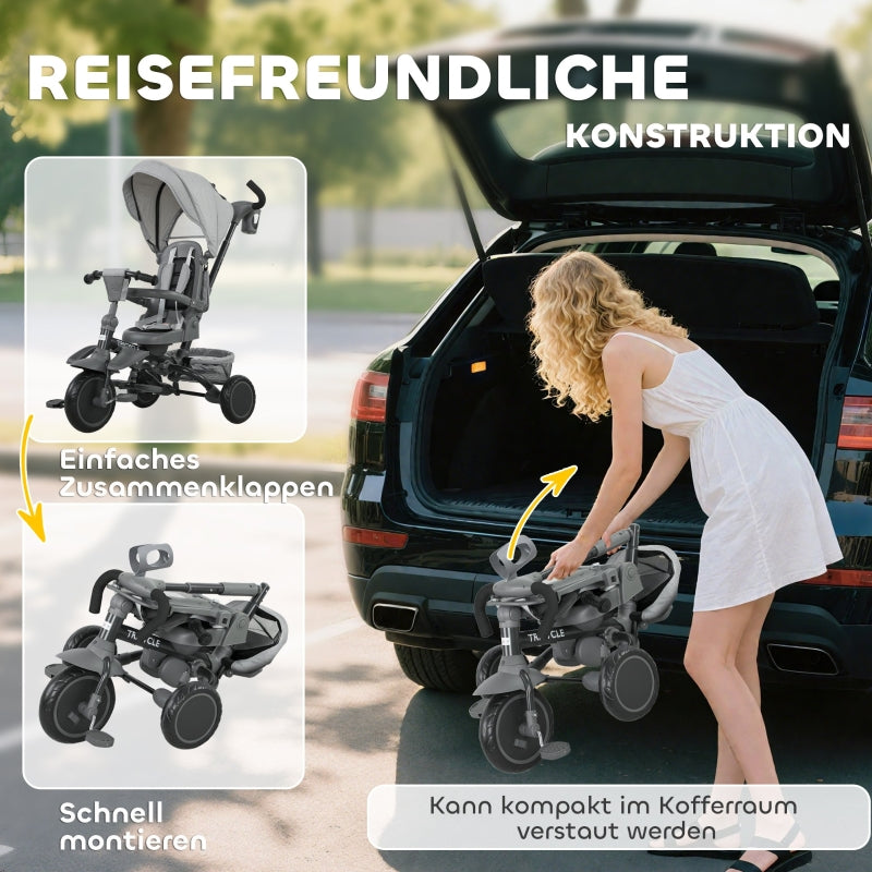 Children's Tricycle, 6-in-1 Buggy for Toddlers with Adjustable Seat and Foldable Design, Grey