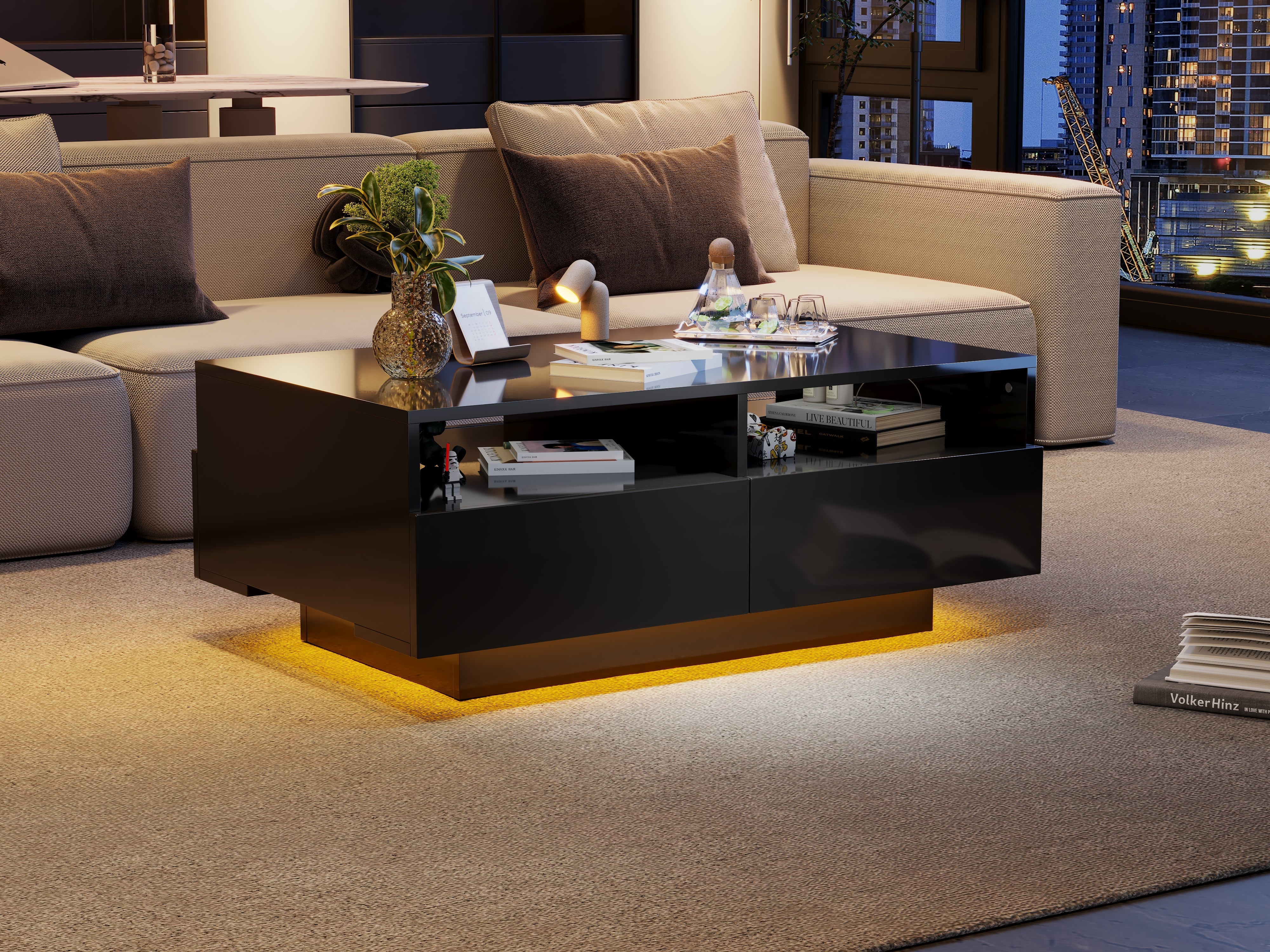 LED Coffee Table with 4 Drawers, Modern Center Table with 16 Colors LED Lights, High-Gloss