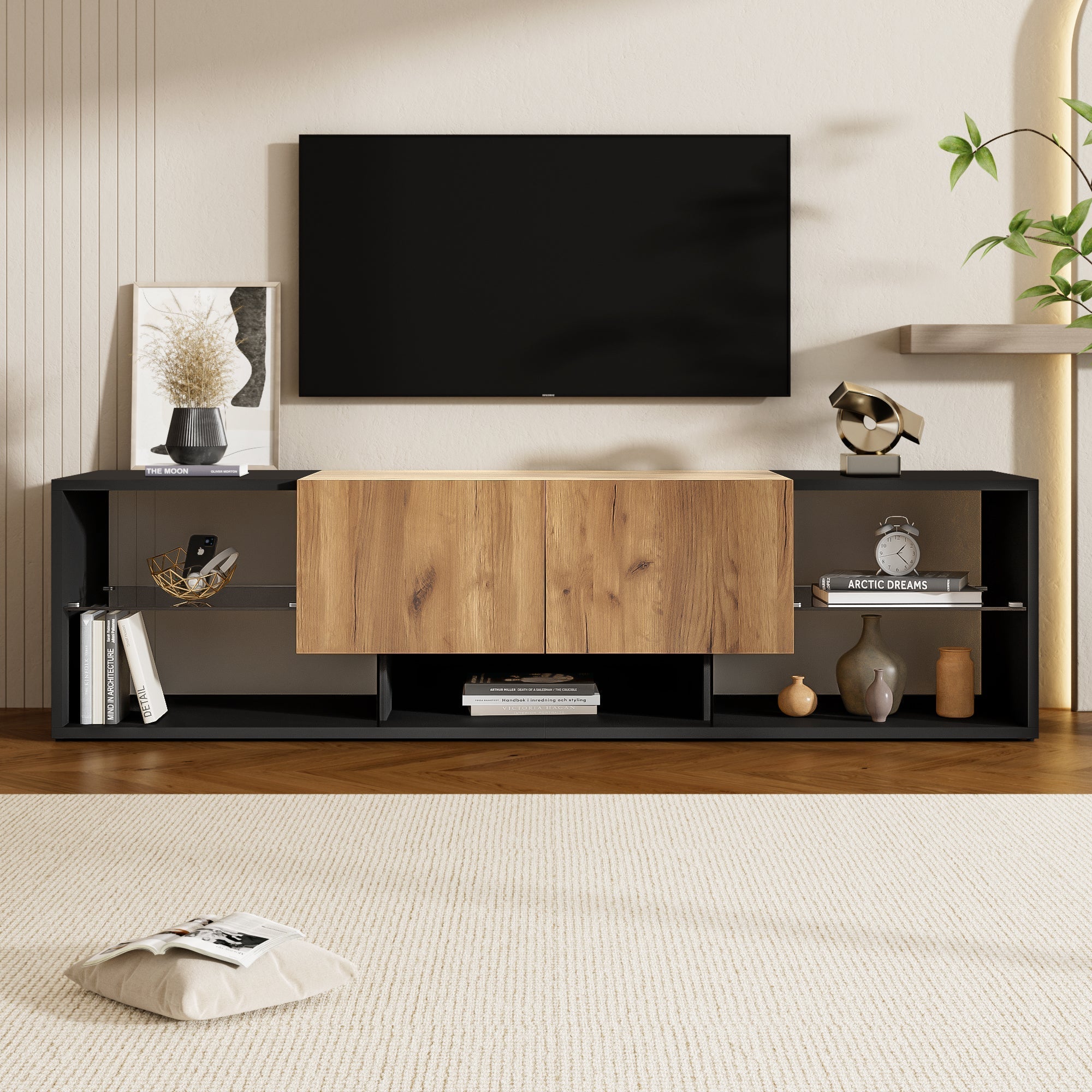 TV Console Cabinet, 3-Tier with Glass Shelf and 2 Drawers, Black