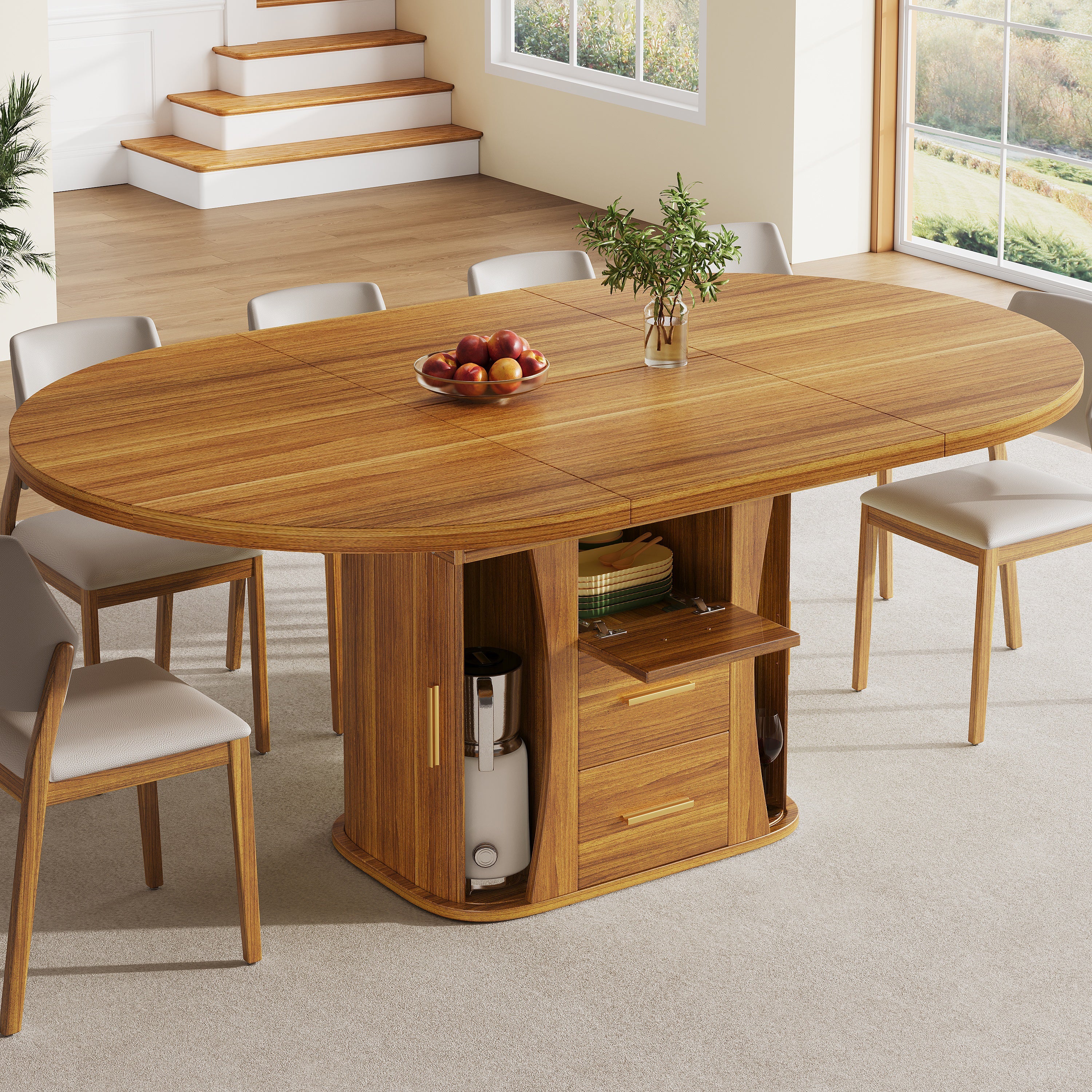 Round Dining Table to Oval with Three-Tier Storage, 118-158 cm, Walnut