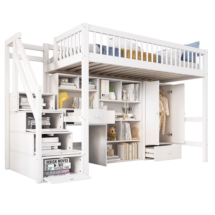 N634P201175W Multifunctional Loft Bed with Reversible Storage Stairs, Desk, and Wardrobe