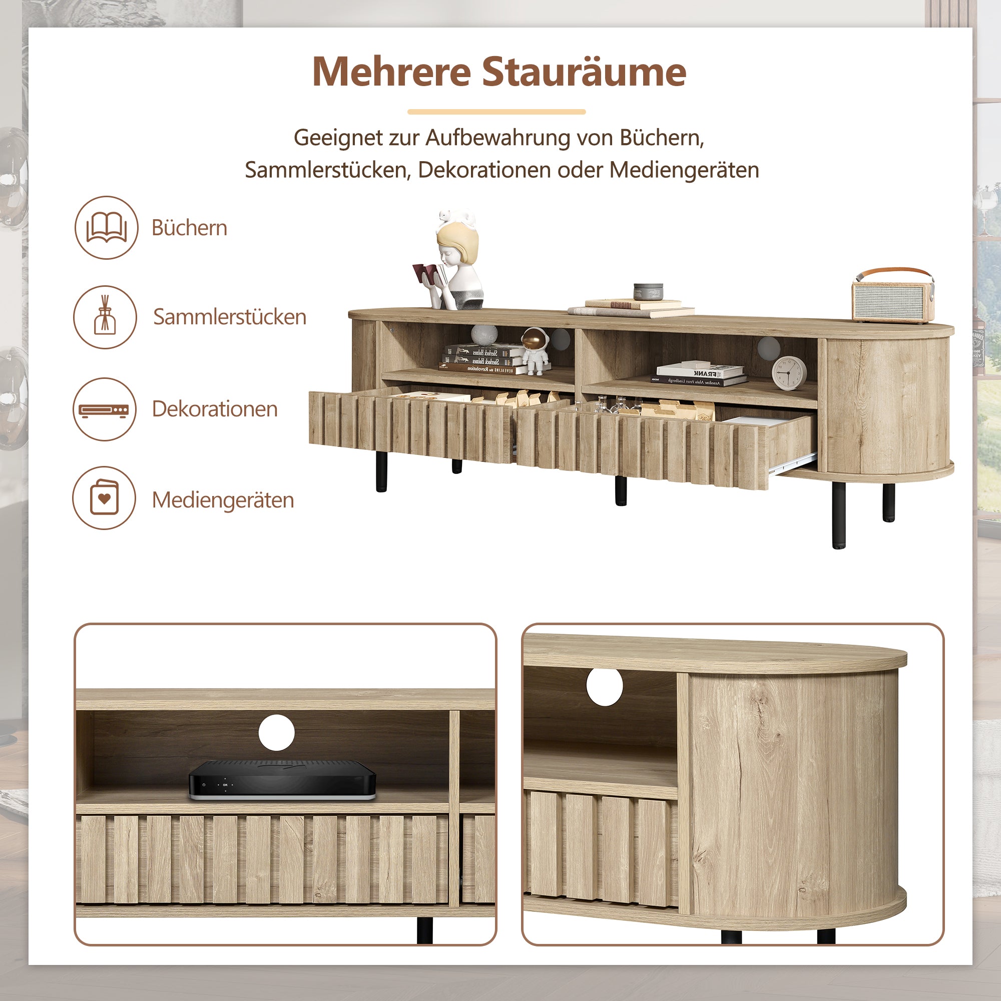 TV Cabinet Lowboard 160cm 2 Doors 2 Drawers for 65 Inch - Natural Wood