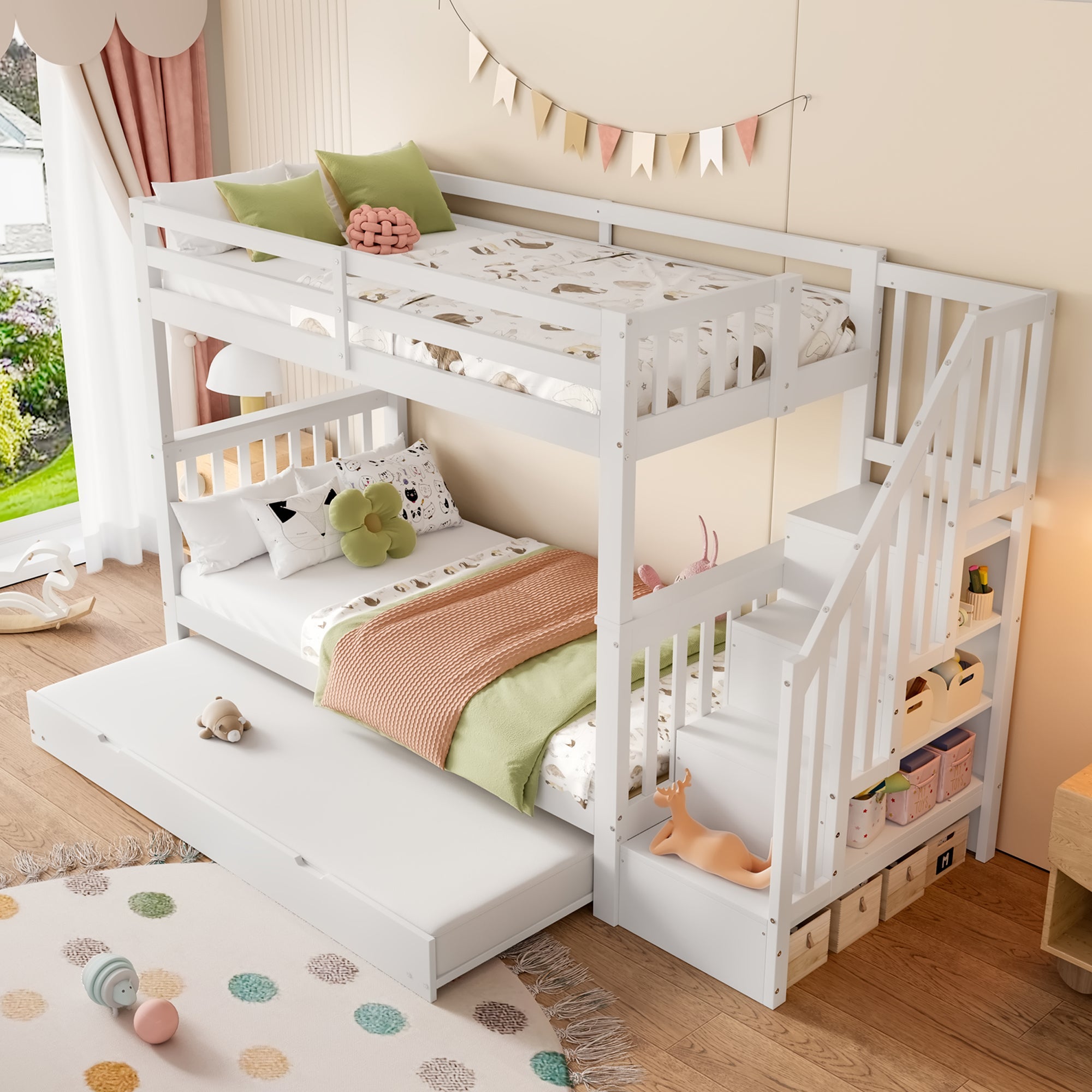 Bunk Bed with Stair Shelf and Pull-out Trundle Bed, 90x200cm, White