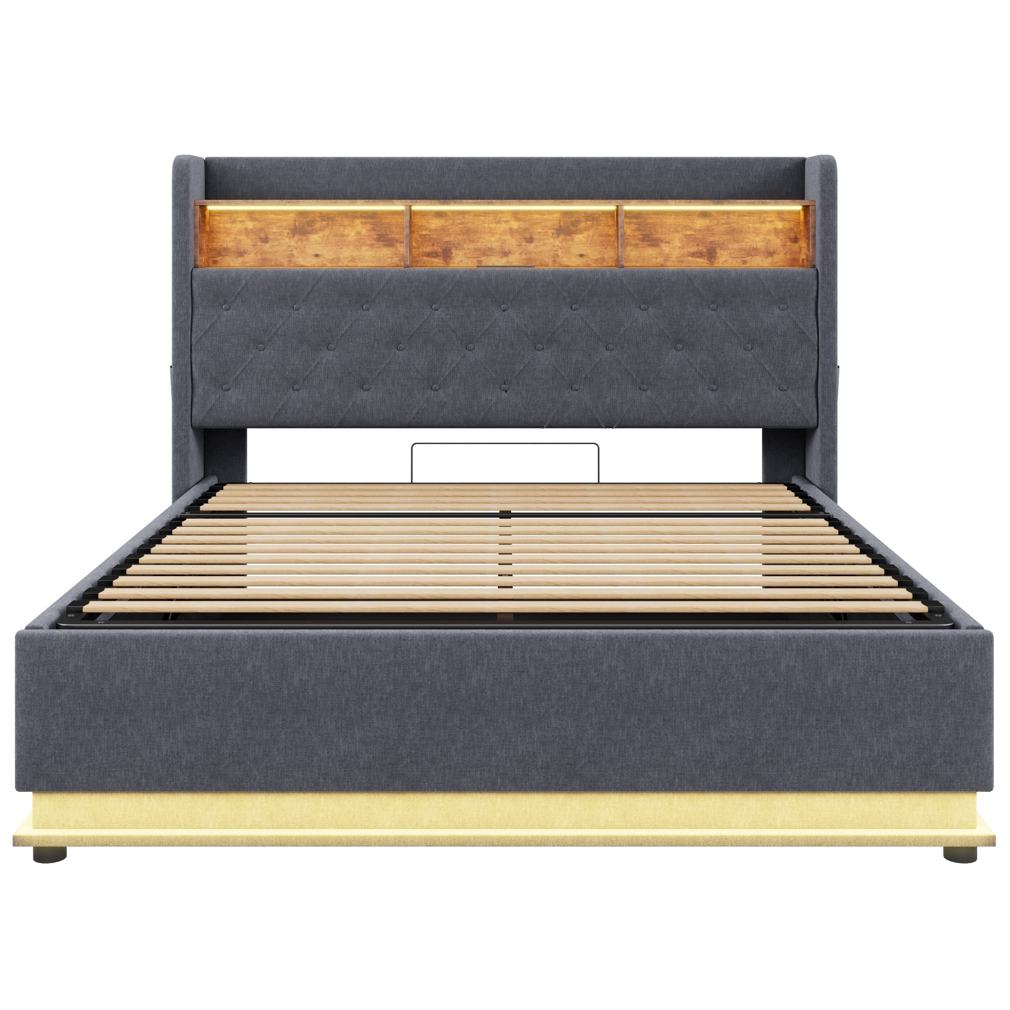 LED Upholstered Bed, 160x200cm, USB Charging, Hydraulic Storage, Linen Fabric, Grey