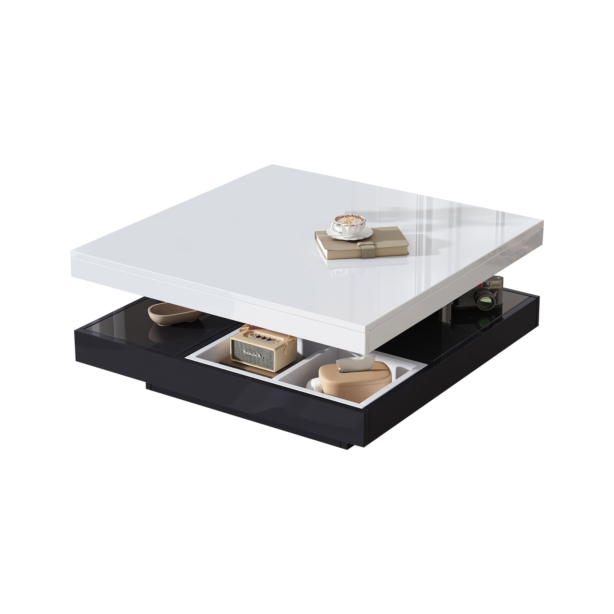 High-gloss tabletop coffee table, 360° rotatable, 2-tier with storage, white and black