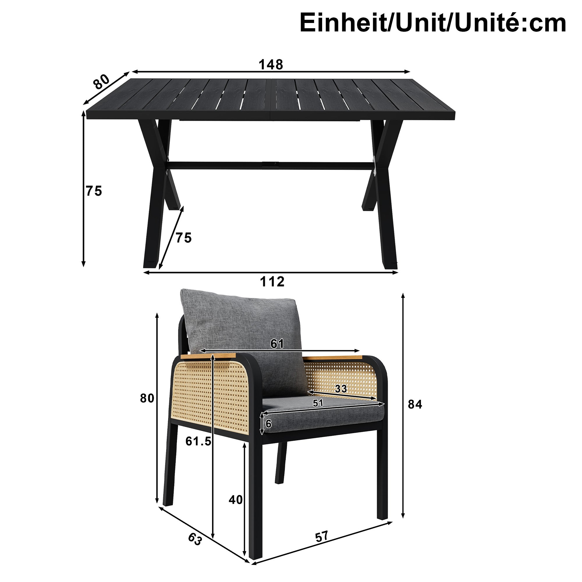 Modern Outdoor Sofa Set with Woven Armrests and Seat Cushions, Iron Frame
