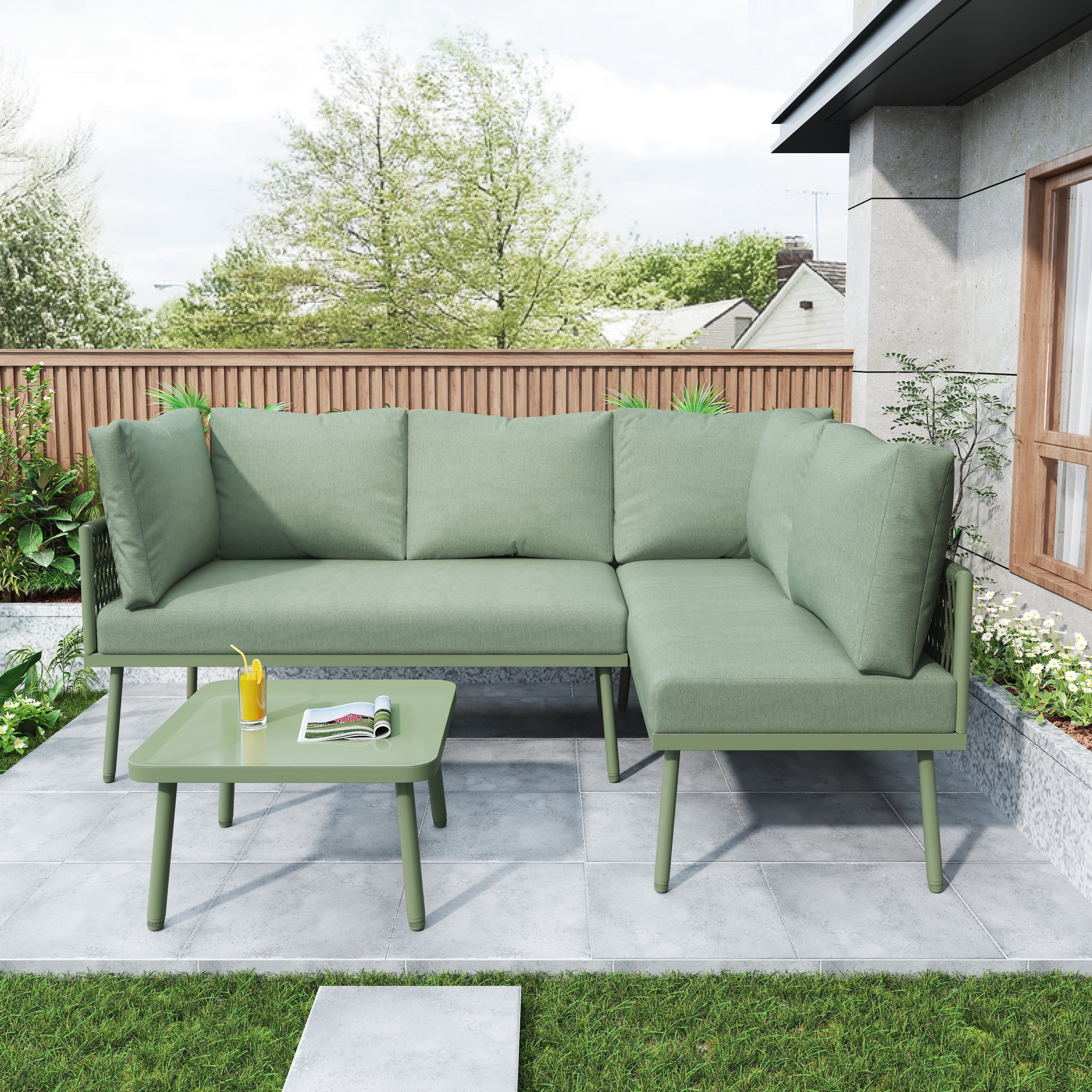 Outdoor Patio Furniture Garden Lounge Set 4-5 Person L-Shaped Corner Sofa Glass Coffee Table Green