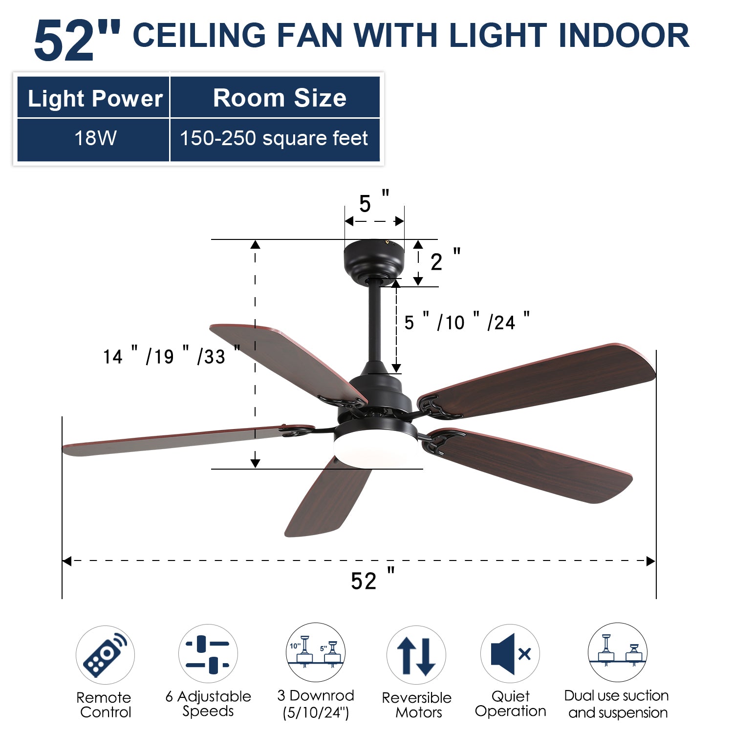 Classic Ceiling Fan 52-Inch, Dimmable LED, 6 Speeds, 5-Blade, DC Motor