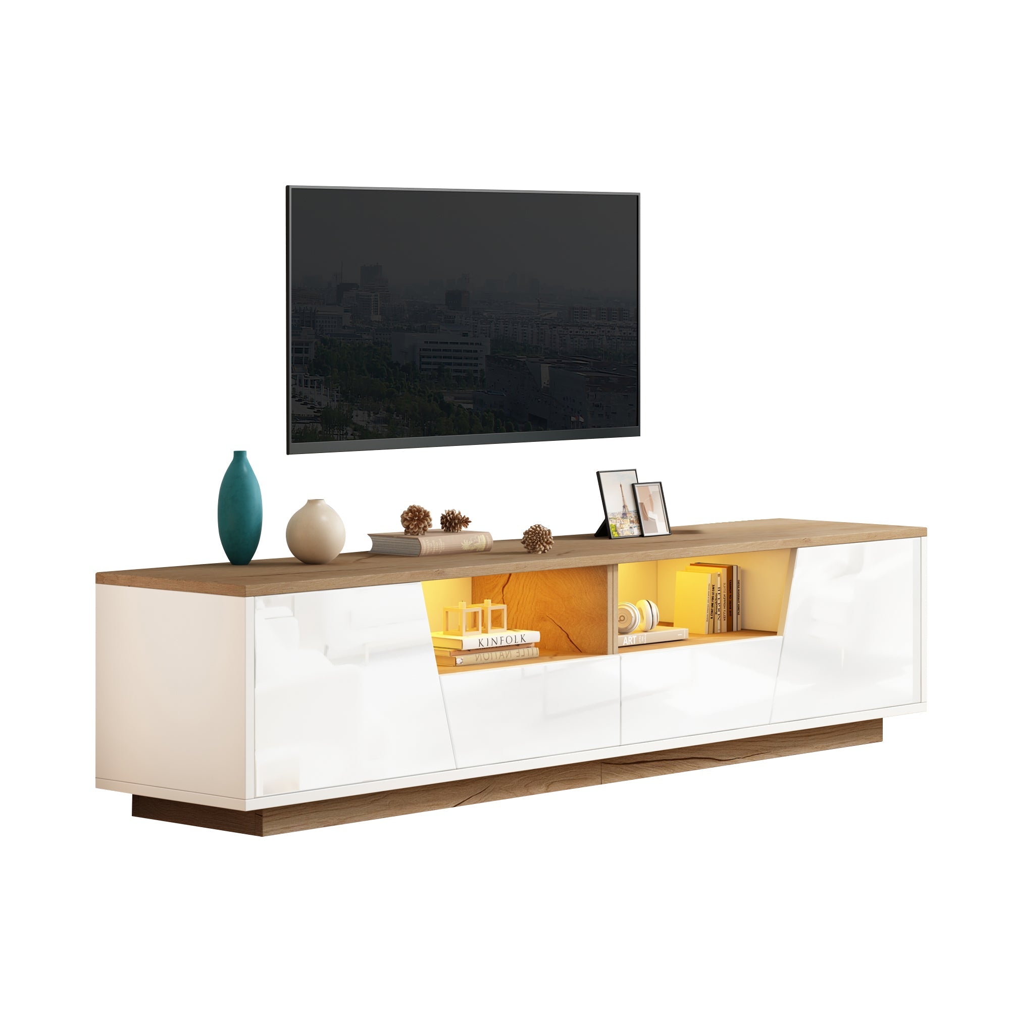 TV Cabinet 180x40x46cm LED High-Gloss Storage for 75 Inch TVs, White/Wood Splice
