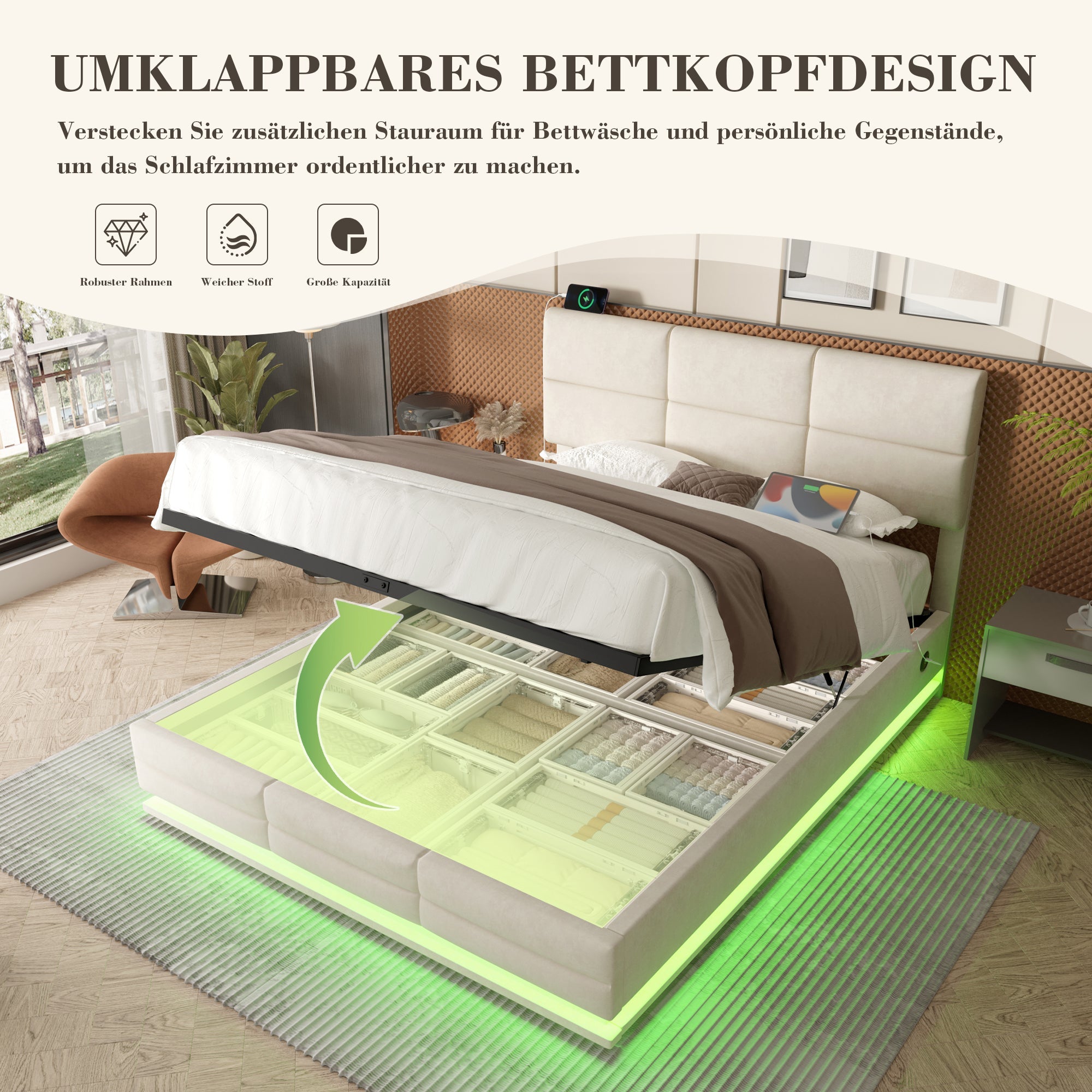 Upholstered Bed, 140x200cm Modern with Adjustable Headboard, USB/Type-C, LED, Hydraulic Lift, XXL Storage - Beige