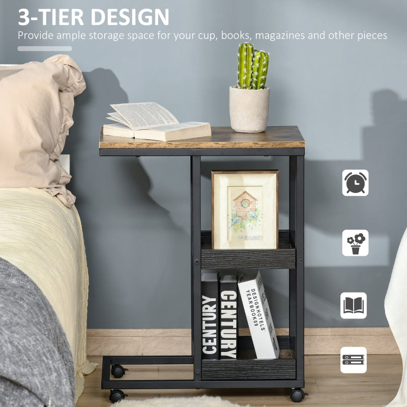 Industrial Mobile Side Table, C-Shaped, 3-Tier Storage, Rolling, Steel Frame - Brown