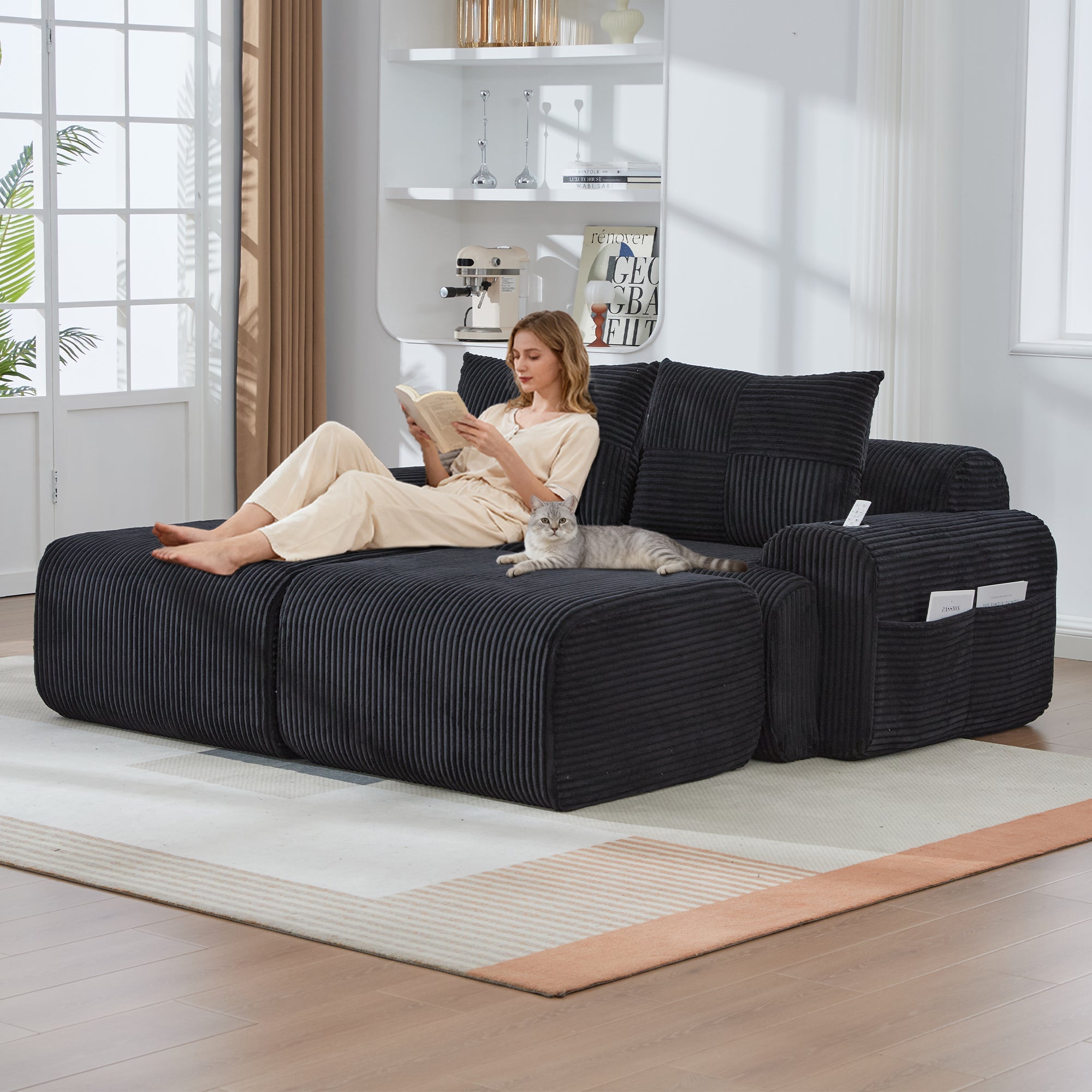Modular 2-Seater Sofa with 2 Ottomans, Cupholder and Storage Pocket, Black Corduroy