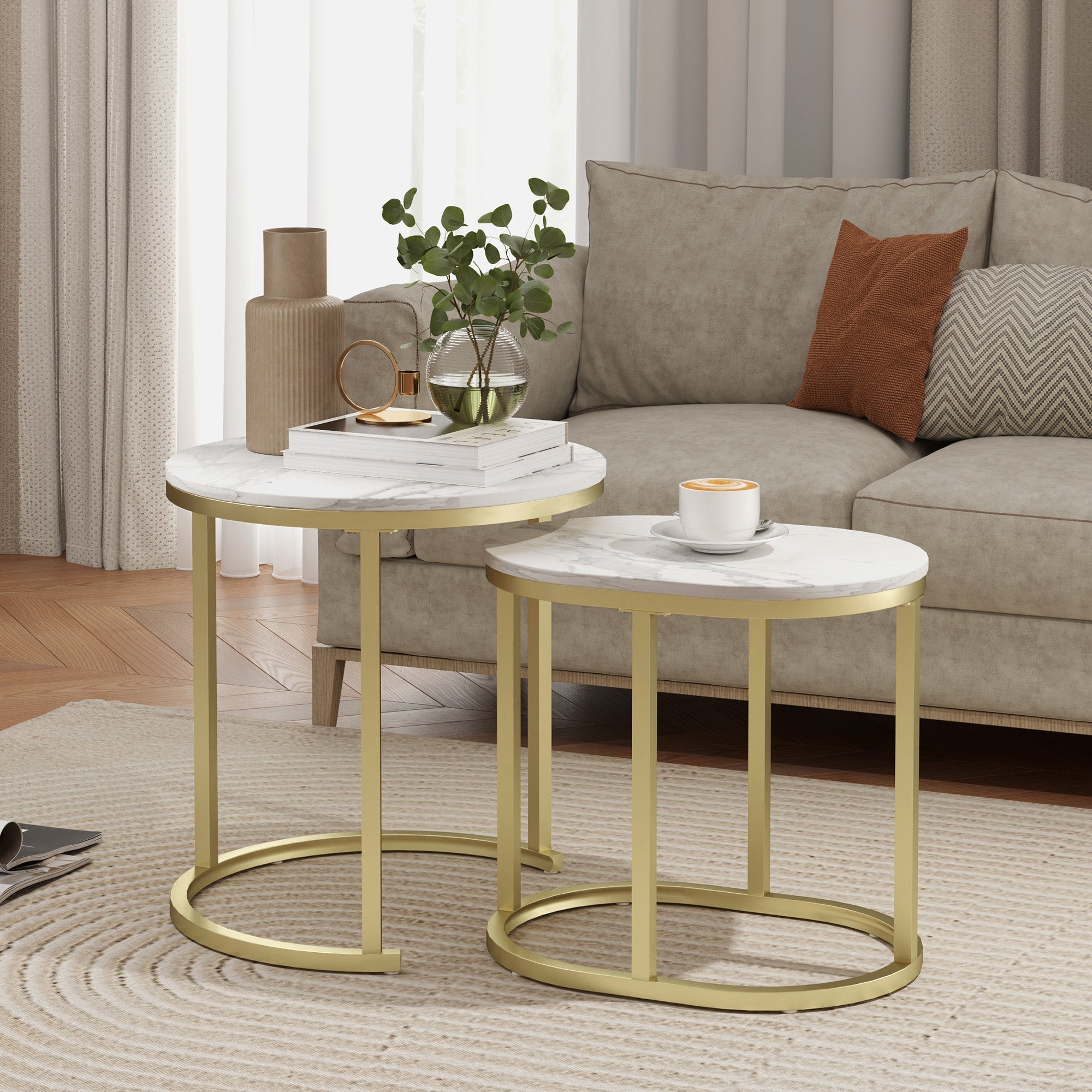 Round Coffee Table Set of 2 Stackable Side Tables, Steel Frame, White